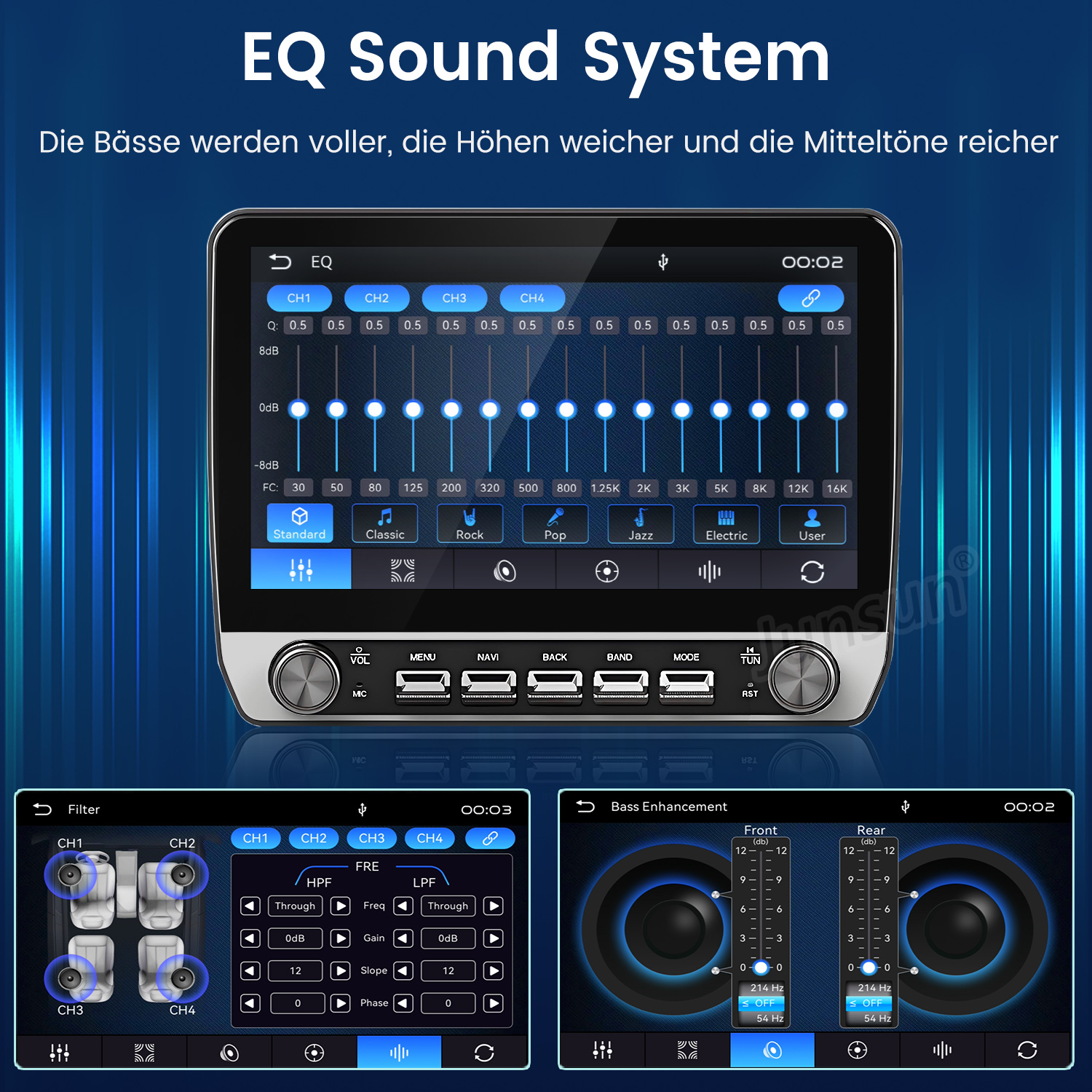 Ein Car-Audio-System-Display mit Equalizer, Audiotönen und Menüs, umgeben von einem blauen Hintergrund.