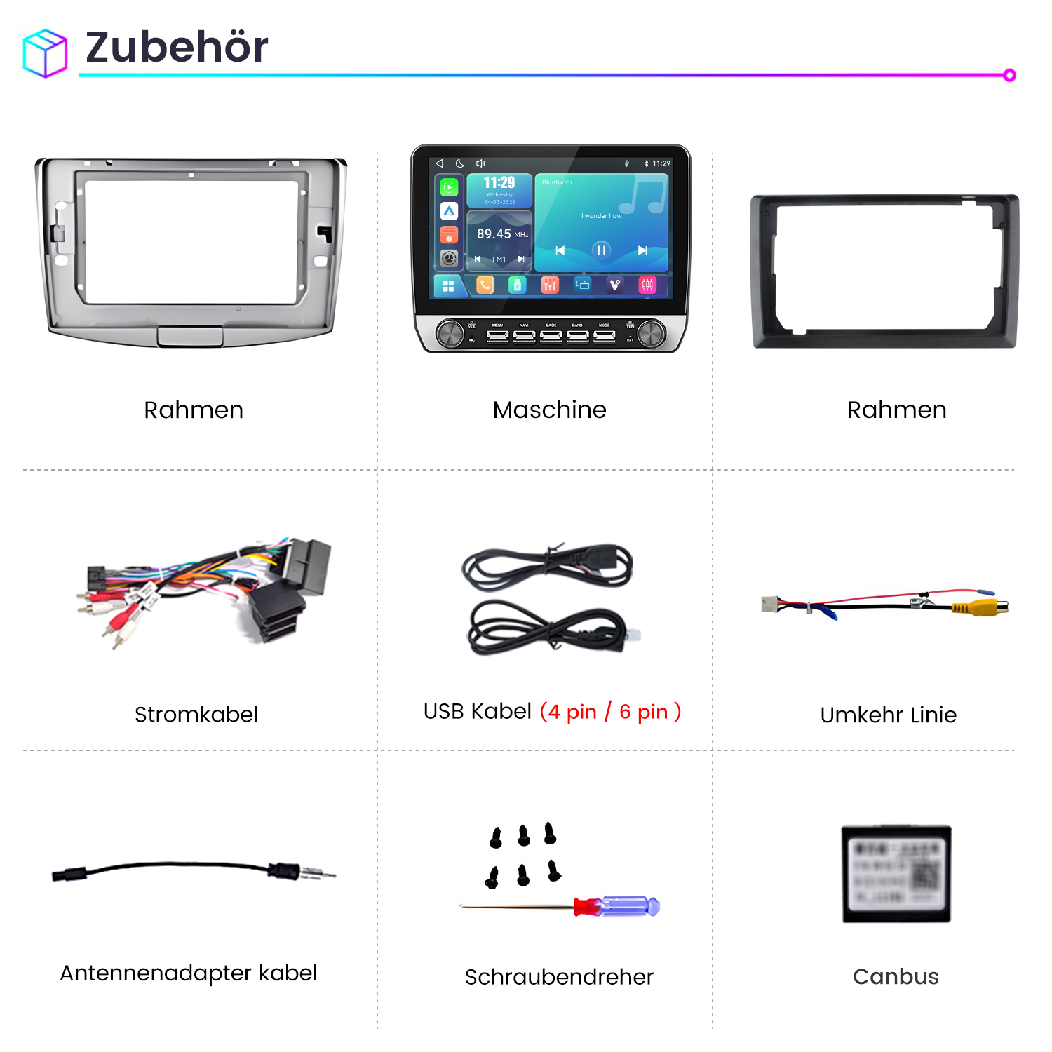 Auto-Hi-Fi-Zubehör wie Rahmen, Stereoanlage, Kabel, USB, Kamerakabel und Werkzeuge.
