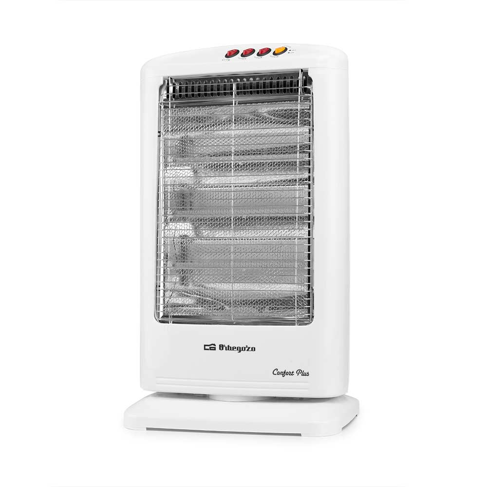 Un calefactor de cuarzo blanco con botones de control rojos, negros y amarillos arriba y un logotipo.