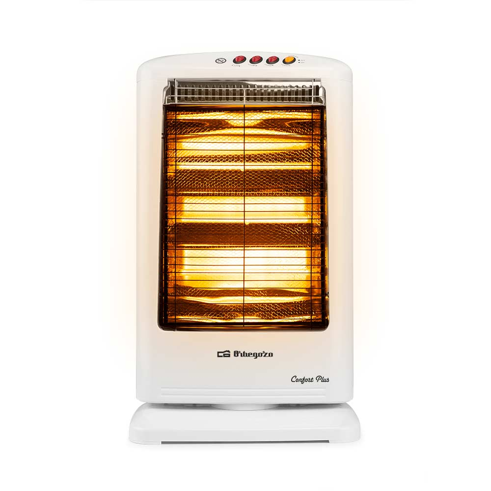 Un calefactor eléctrico blanco con elementos amarillos brillantes y cuatro botones rojos arriba sobre fondo blanco.