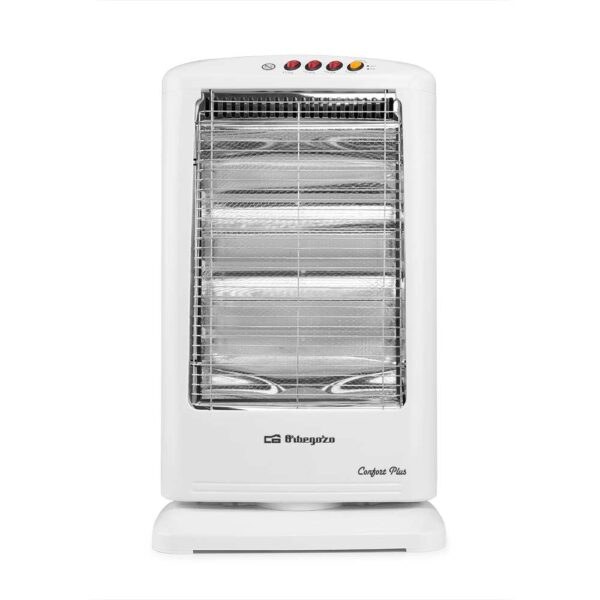 Un calefactor eléctrico blanco con rejilla protectora y botones en la parte superior.