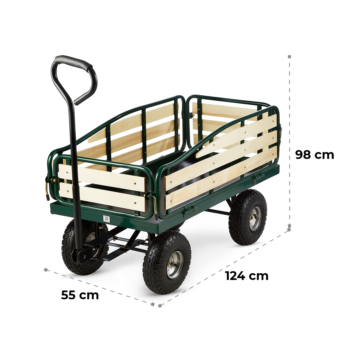 Grüner Bollerwagen mit Holzlatten, vier Rädern, Zugstange und Maßangaben auf weißem Hintergrund.