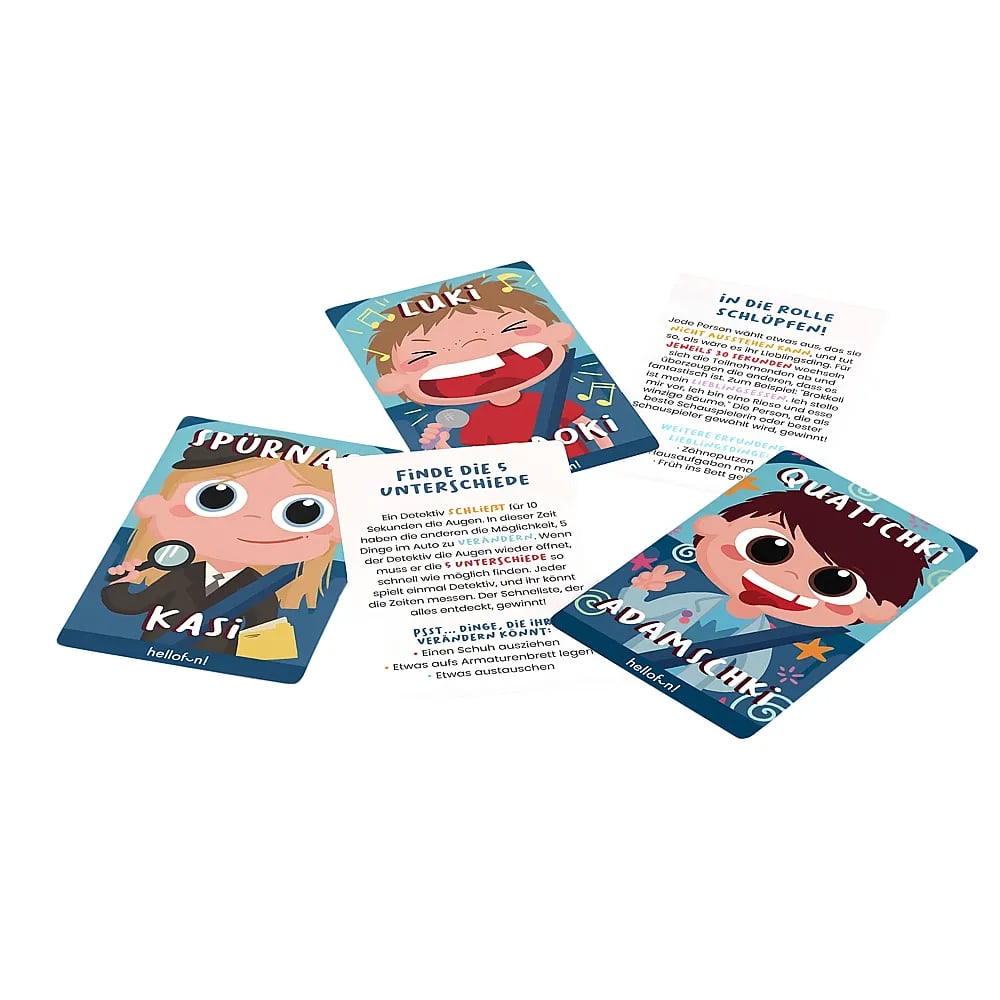 Mehrere bunte Spielkarten mit Illustrationen von Kindern und deutschem Text liegen auf einer weißen Oberfläche.
