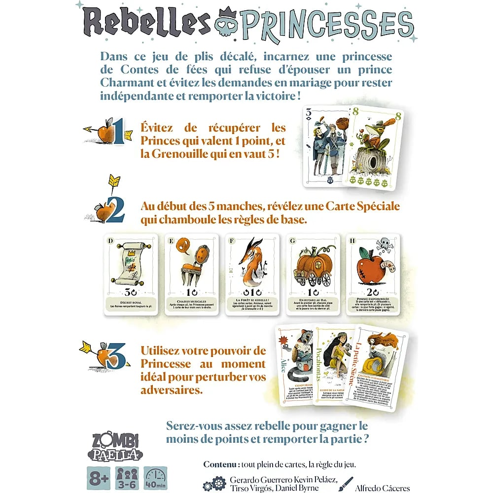 Spielregeln und Karten für das Kartenspiel Rebelles Princesses mit französischem Text.