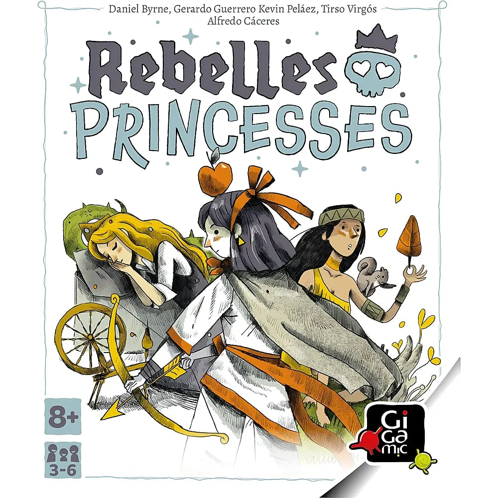 Rebelles Princesses Brettspielcover mit drei verschiedenen Fantasy-Prinzessinnen in einem illustrierten Stil.