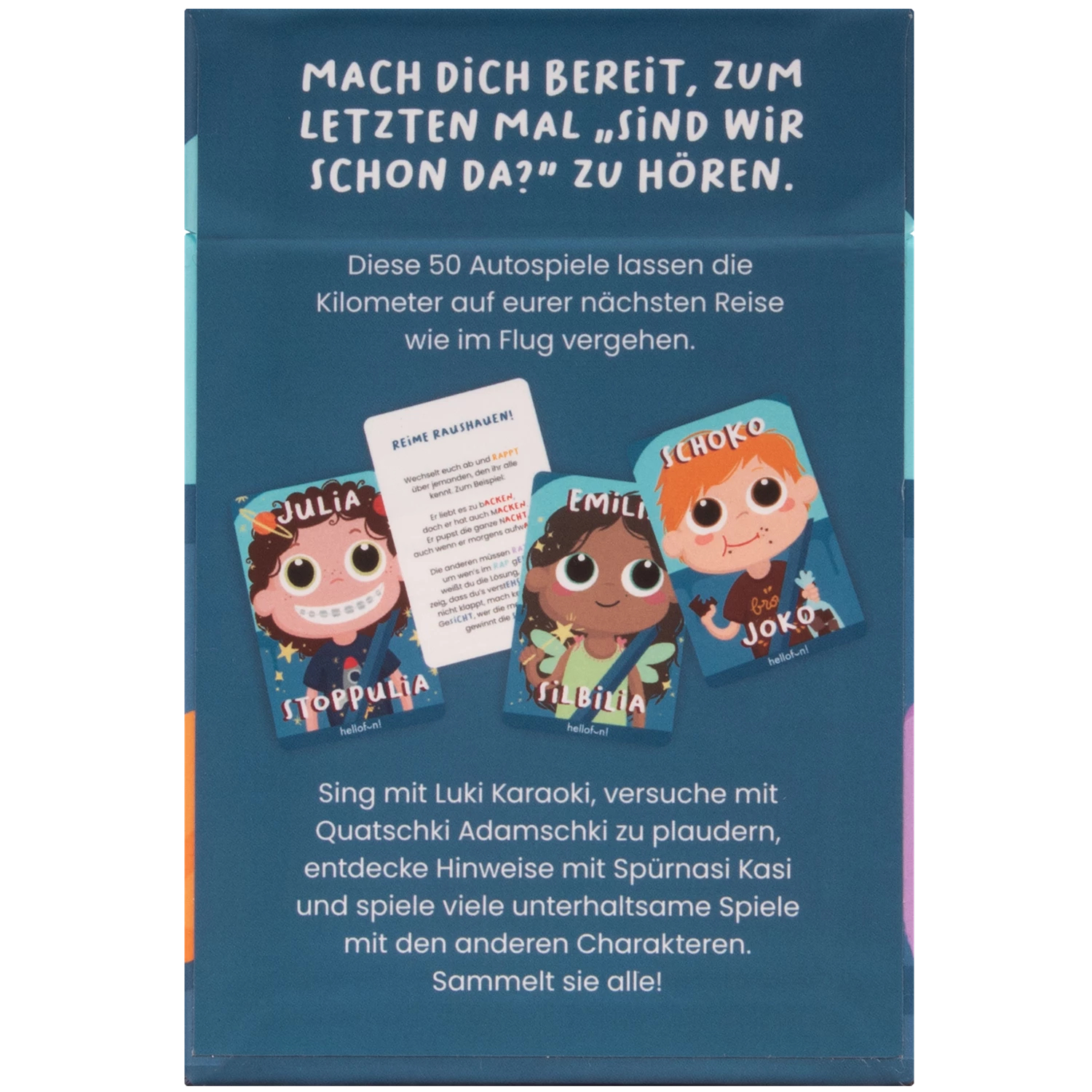 Blaue Schachtel mit deutscher Aufschrift und bunten Karten für Reisespiele mit Charakteren.