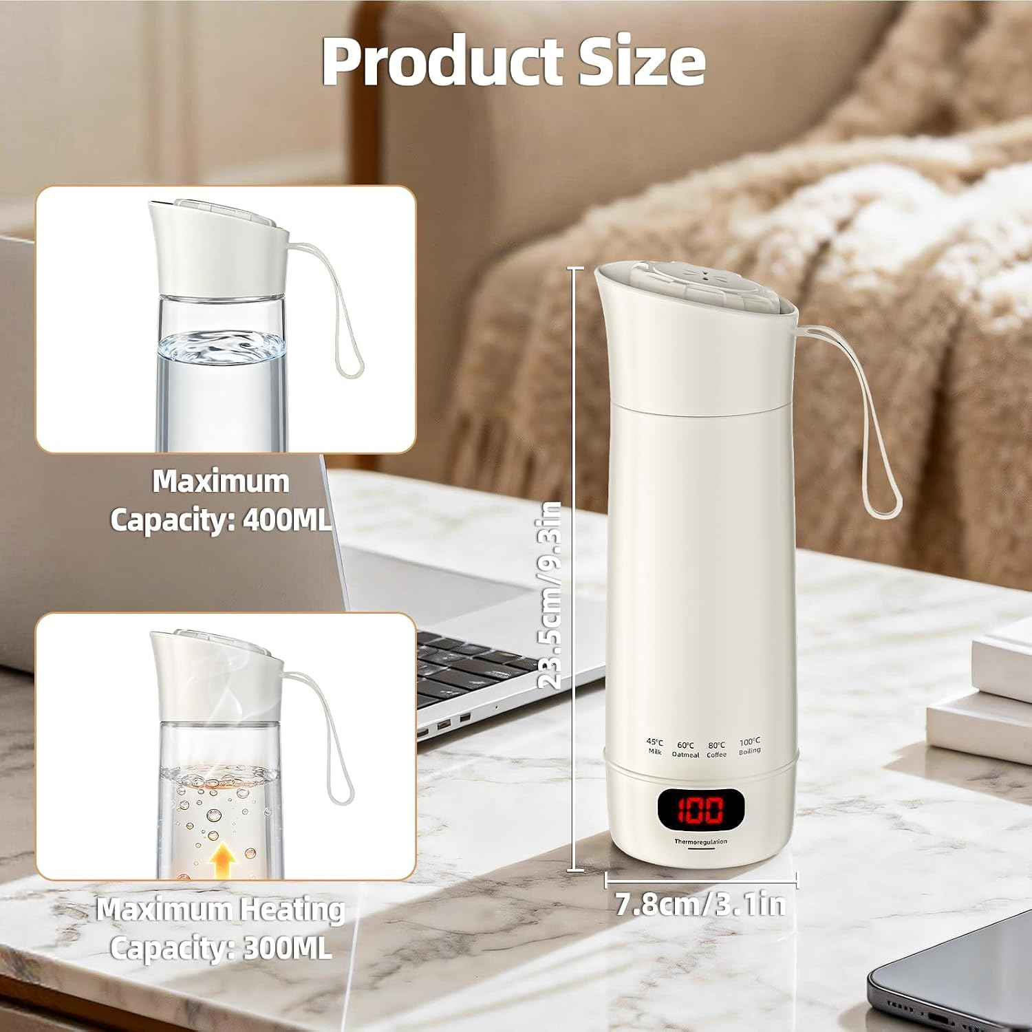 Produktgröße: Weißer Thermobecher, 23,5 cm hoch, 7,8 cm breit, mit 400 ml Kapazität.