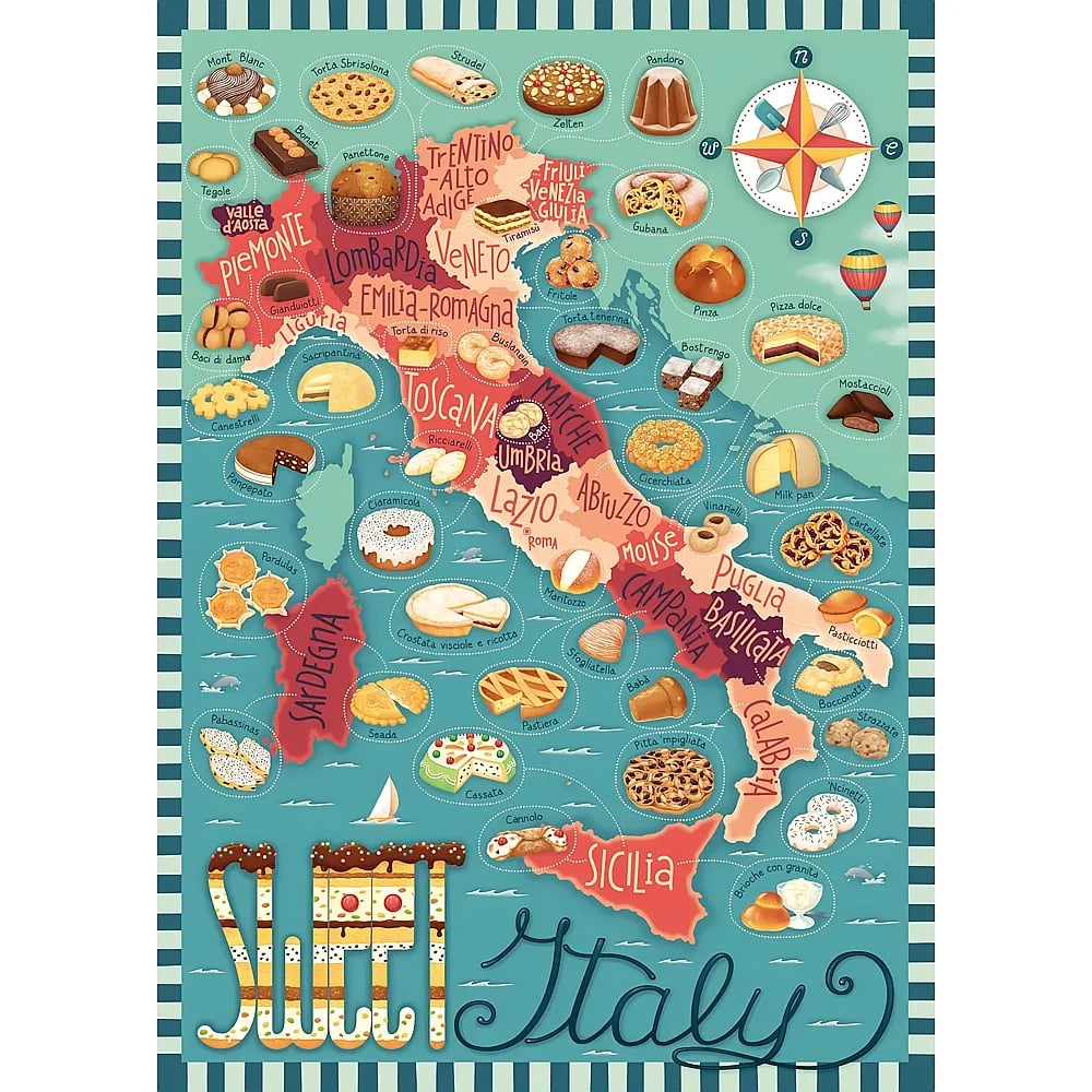 Eine bunte Landkarte von Italien mit traditionellen italienischen Süßigkeiten und Gebäck in den jeweiligen Regionen.