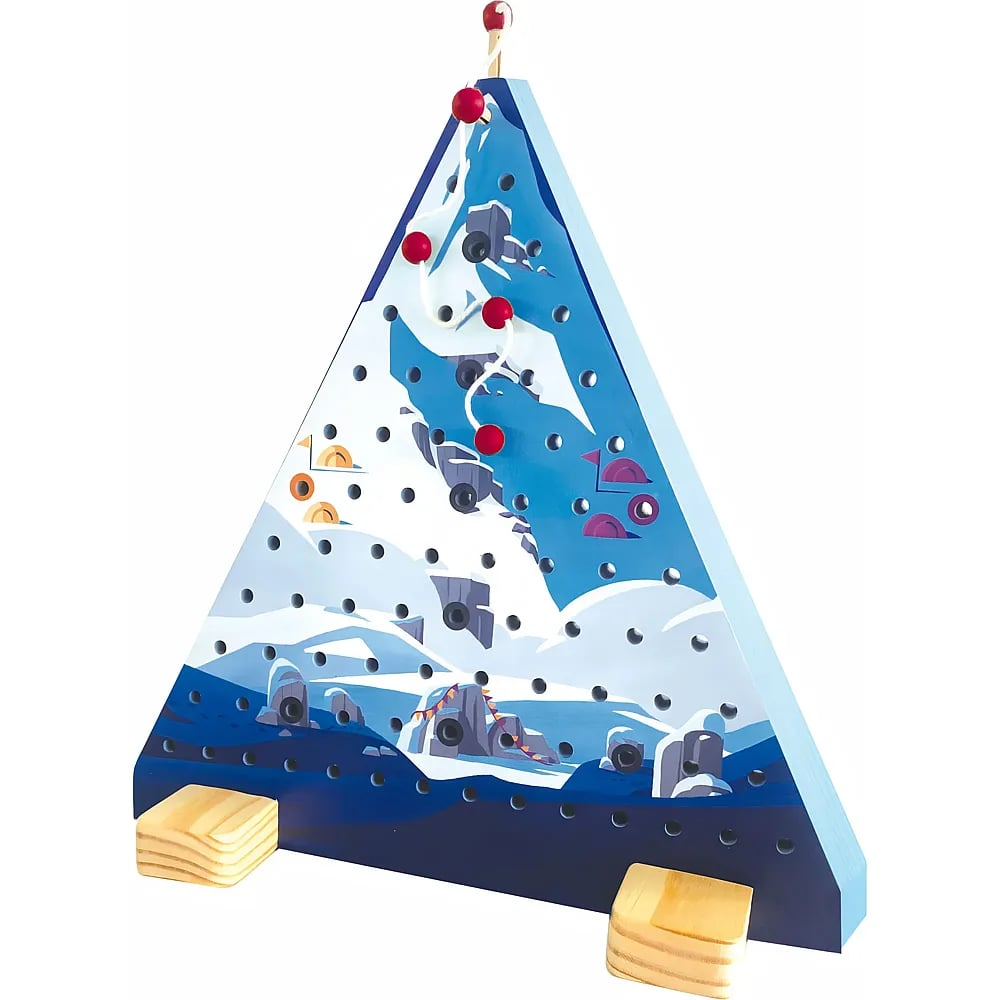Une montagne de jouet triangulaire en bois avec des décors de neige bleue et des perles rouges.