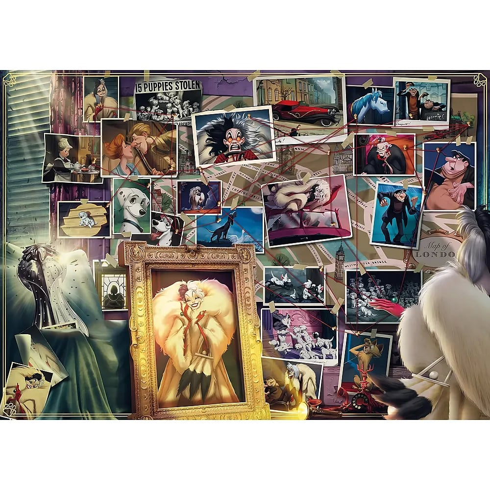 Un tablero de corcho cubierto de fotos, recortes y hilos rojos que conectan eventos y personajes relacionados con Cruella de Vil.