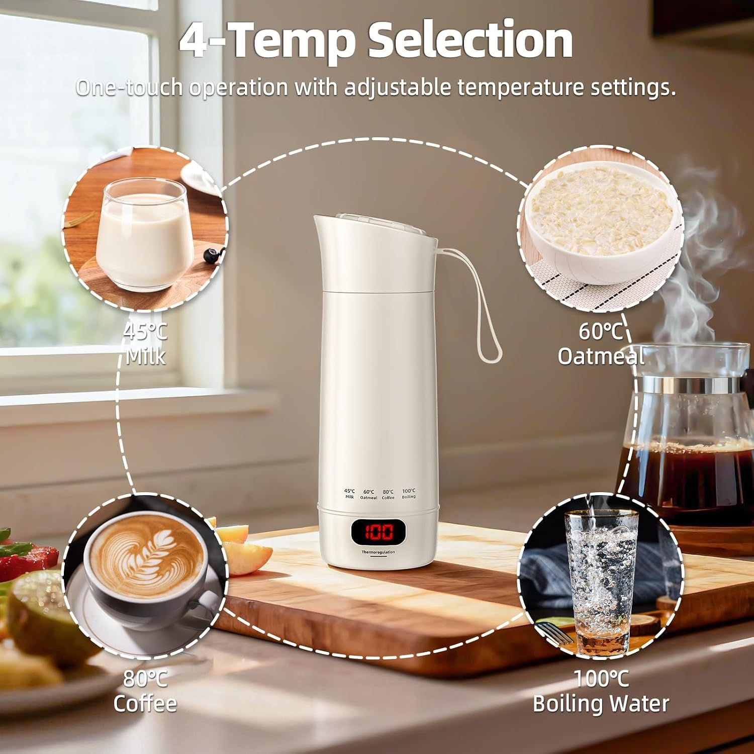 Weißer Thermobecher auf einem Holzbrett zeigt vier Temperatureinstellungen für Milch, Haferflocken, Kaffee und Wasser.