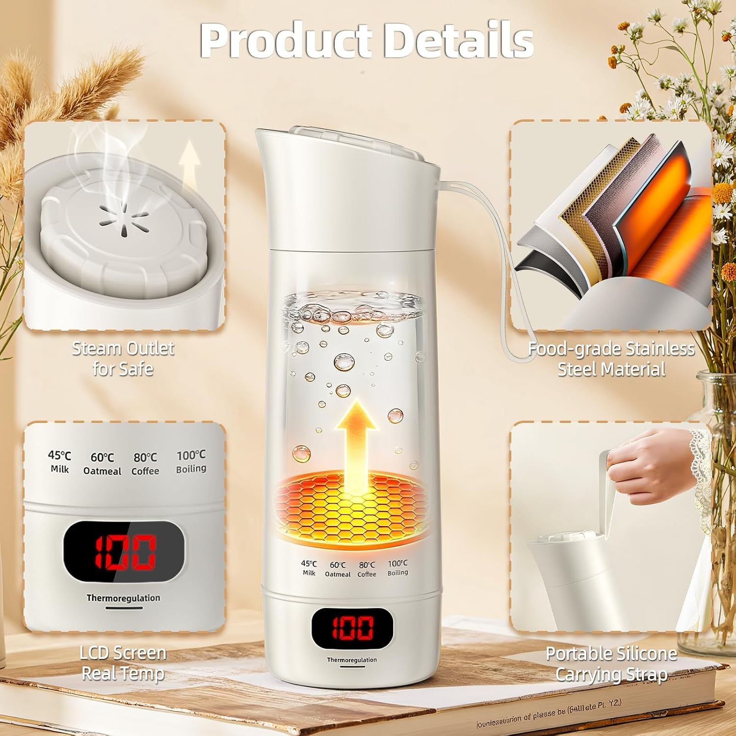 Produktdetails einer tragbaren elektrischen Wasserflasche mit Dampfauslass, LCD-Display, Edelstahl und Tragegurt.