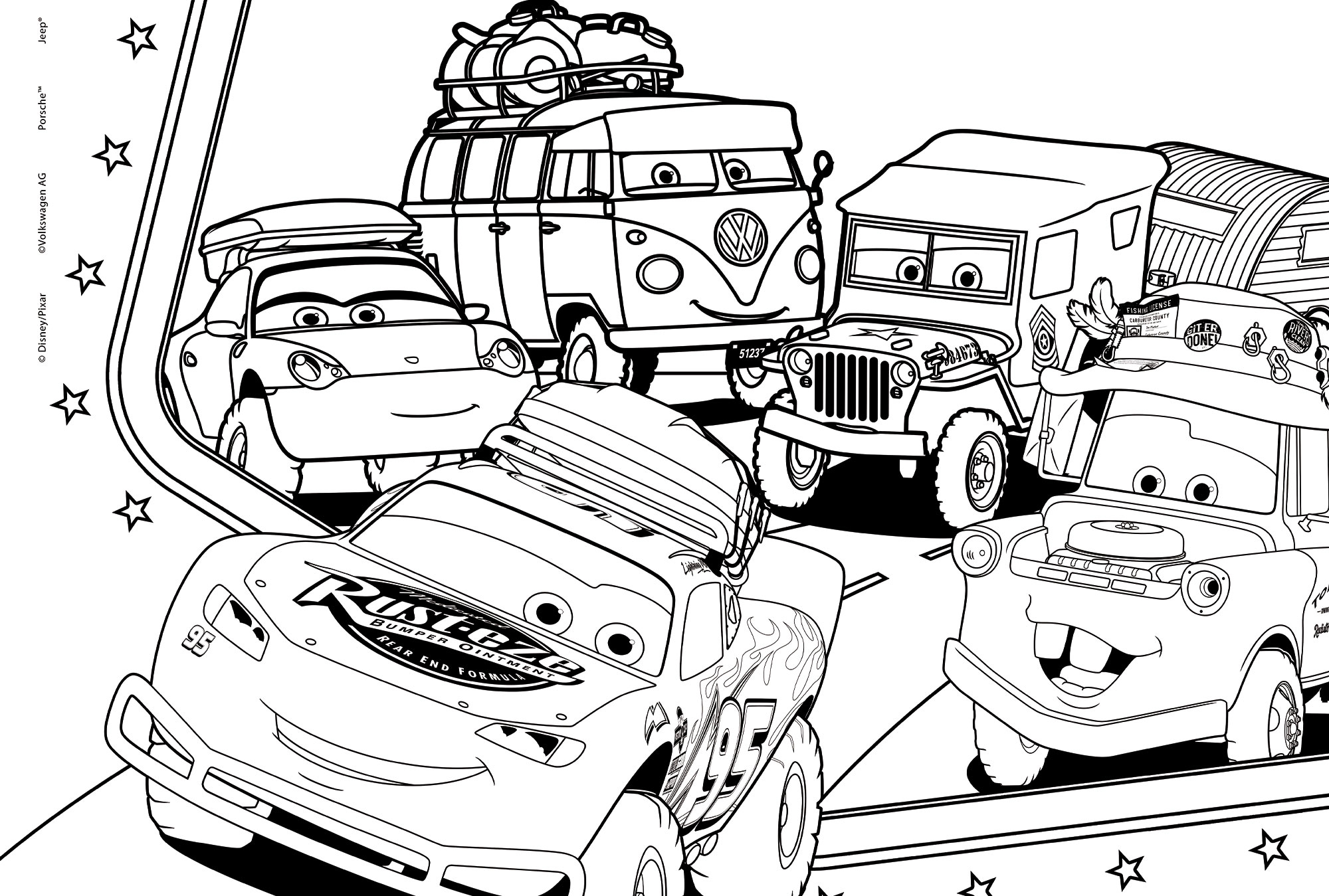 Schwarz-Weiß-Malvorlage mit Zeichentrickautos aus Cars, darunter Lightning McQueen und Hook.