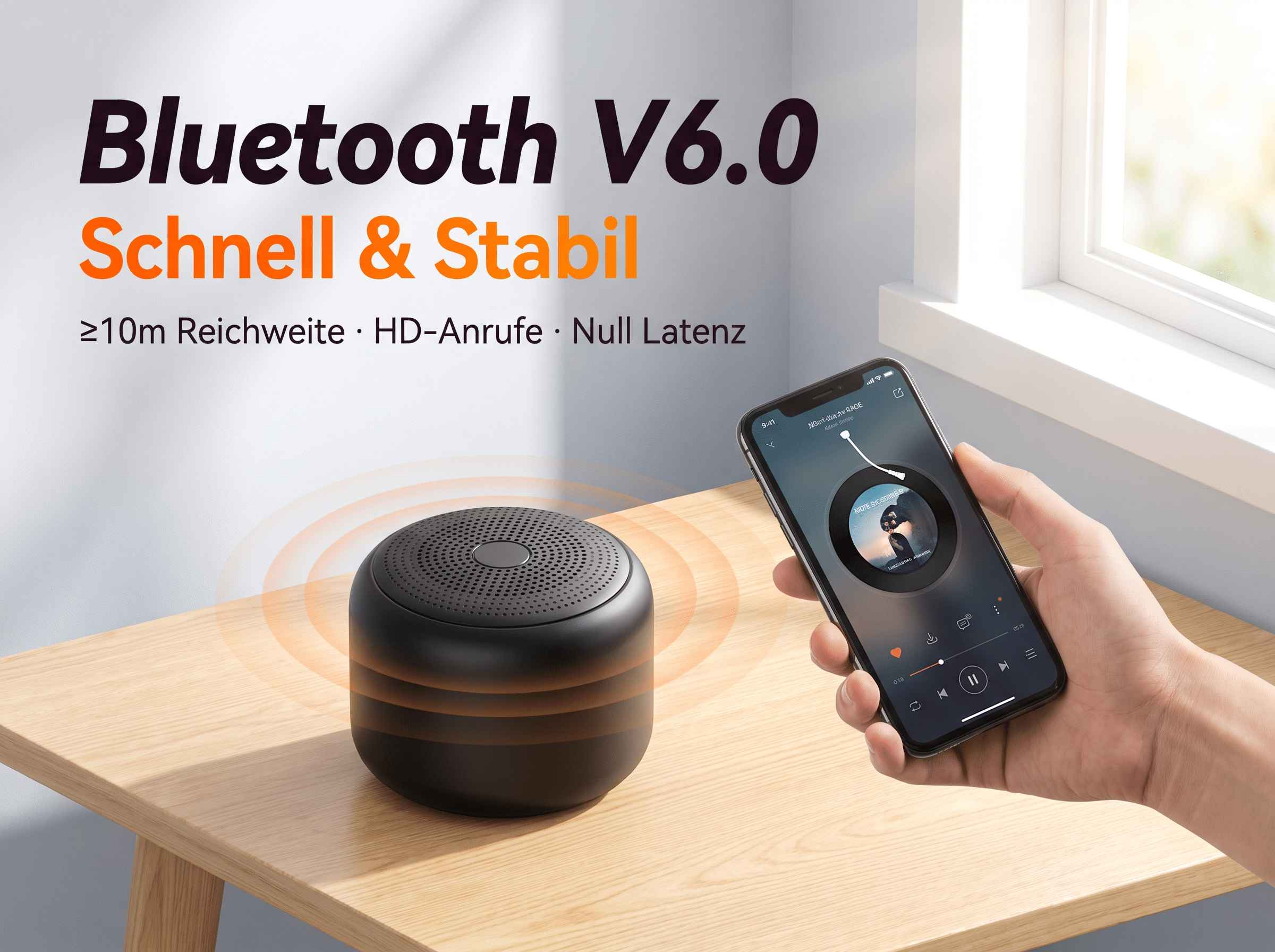 Eine Hand hält ein Smartphone mit Musik neben einem schwarzen Lautsprecher auf Holztisch, mit deutschem Werbetext oben.
