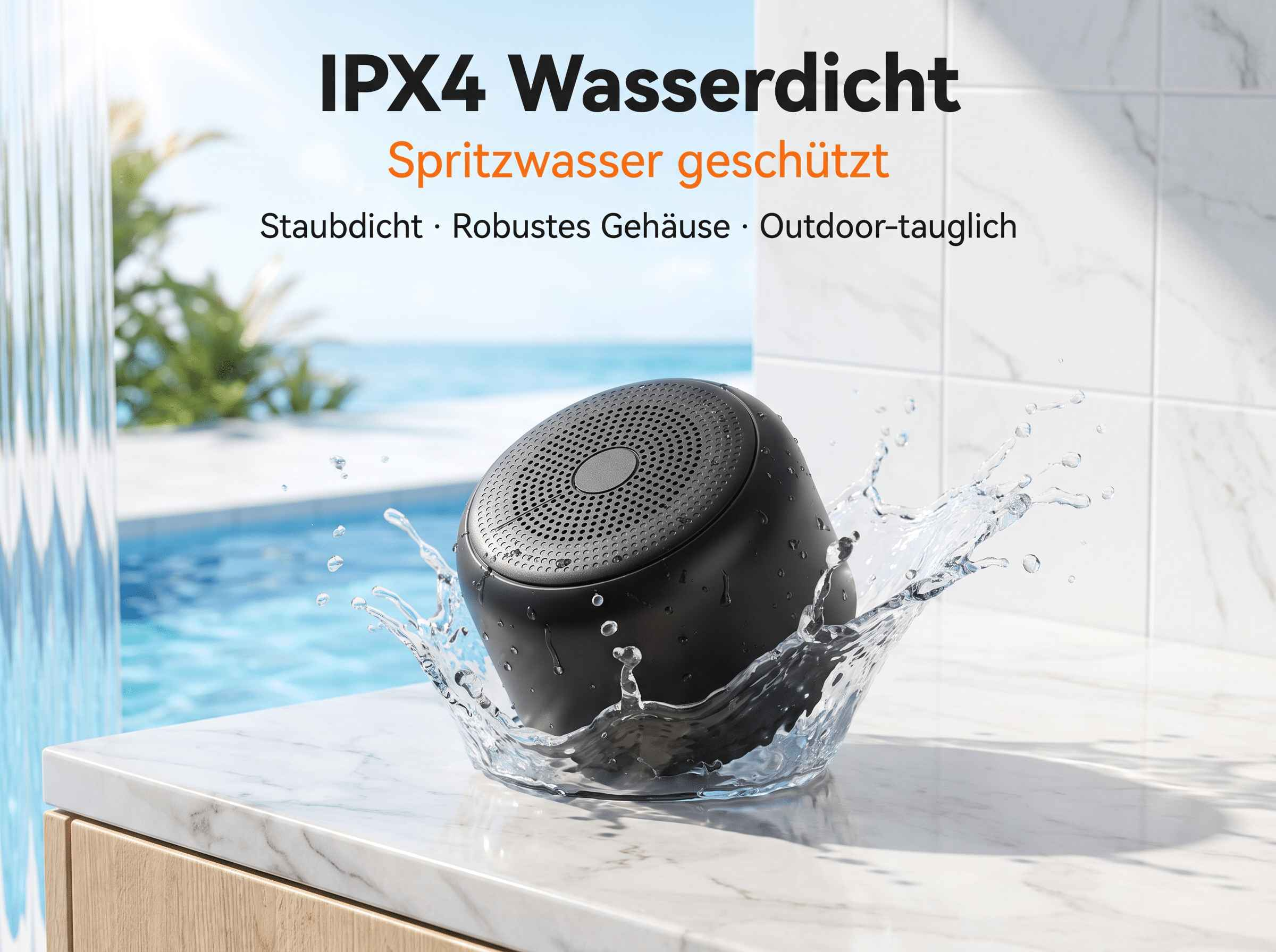 Ein schwarzer Lautsprecher sitzt auf einer Marmorplatte und spritzt Wasser ab, mit einem Pool im Hintergrund.