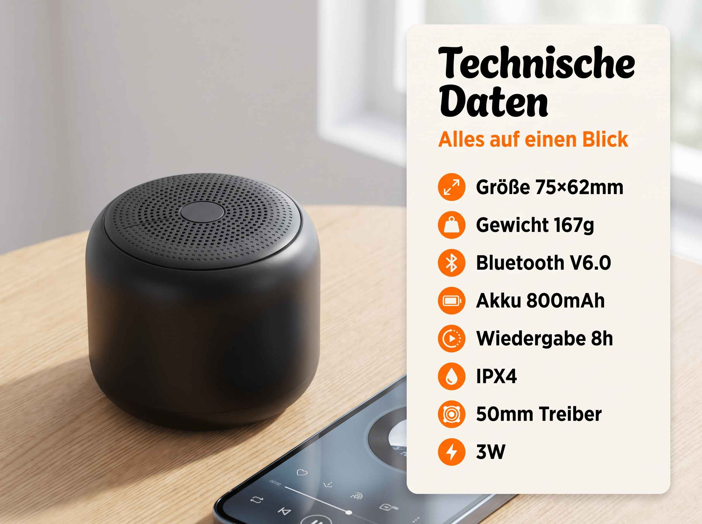 Ein schwarzer zylindrischer Lautsprecher auf einem Holztisch neben einem Telefon und technischen Daten.