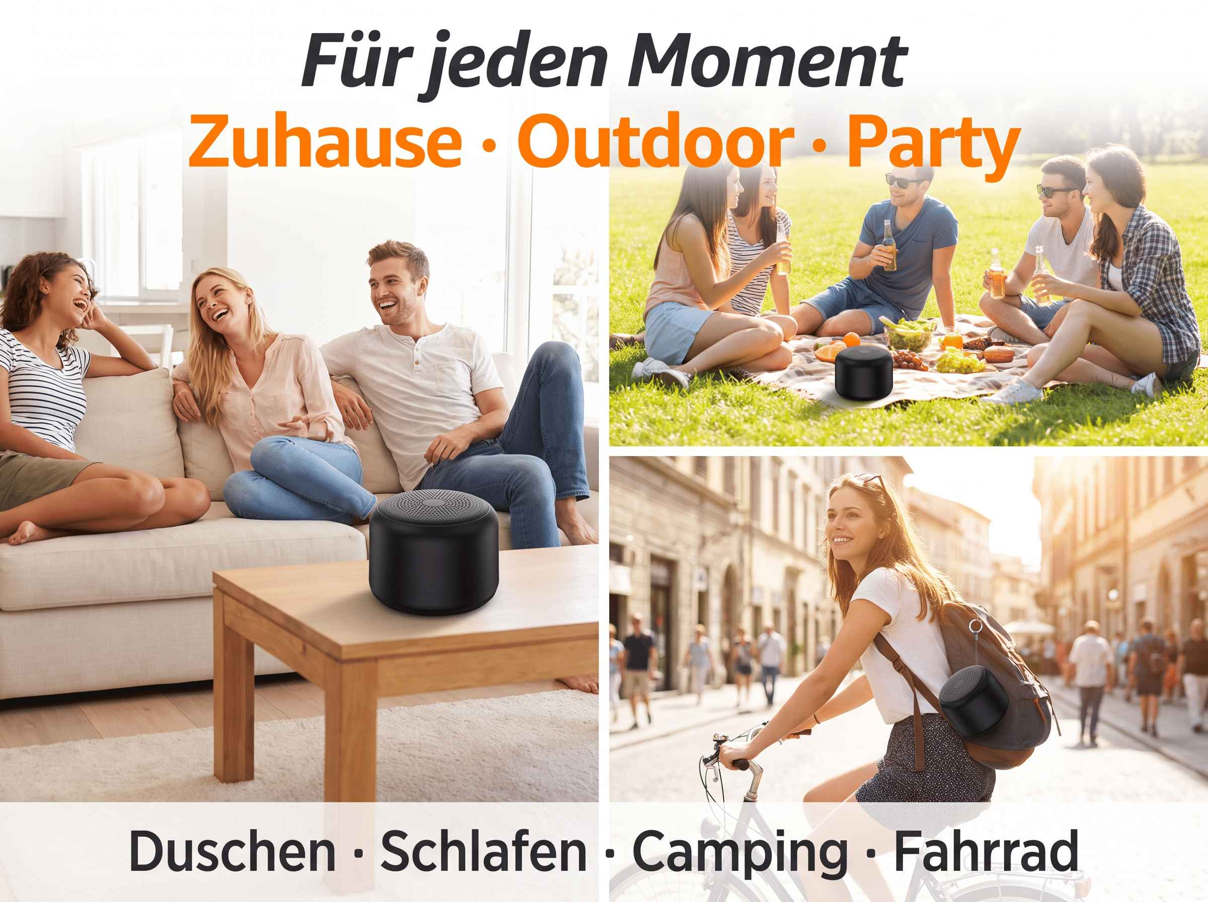 Collage von Menschen mit einem schwarzen, runden Bluetooth-Lautsprecher zu Hause, draußen und unterwegs.