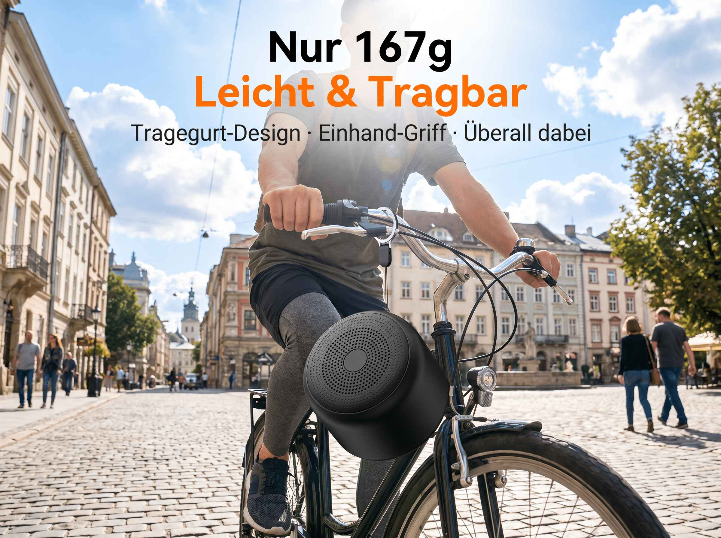Ein Mensch fährt auf einer kopfsteingepflasterten Straße mit dem Fahrrad, ein schwarzer Lautsprecher ist am Lenker montiert.