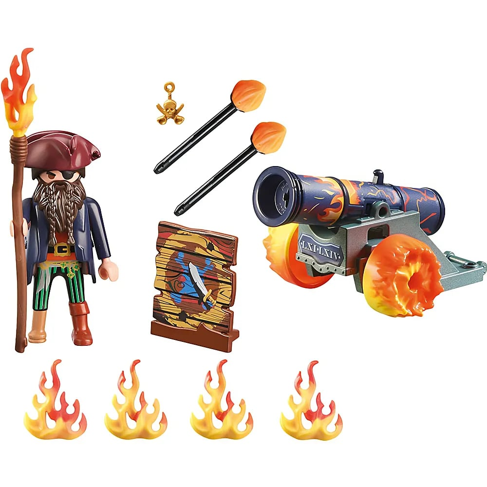 Figura de pirata Playmobil con cañón, antorchas, llamas y blanco sobre fondo blanco.