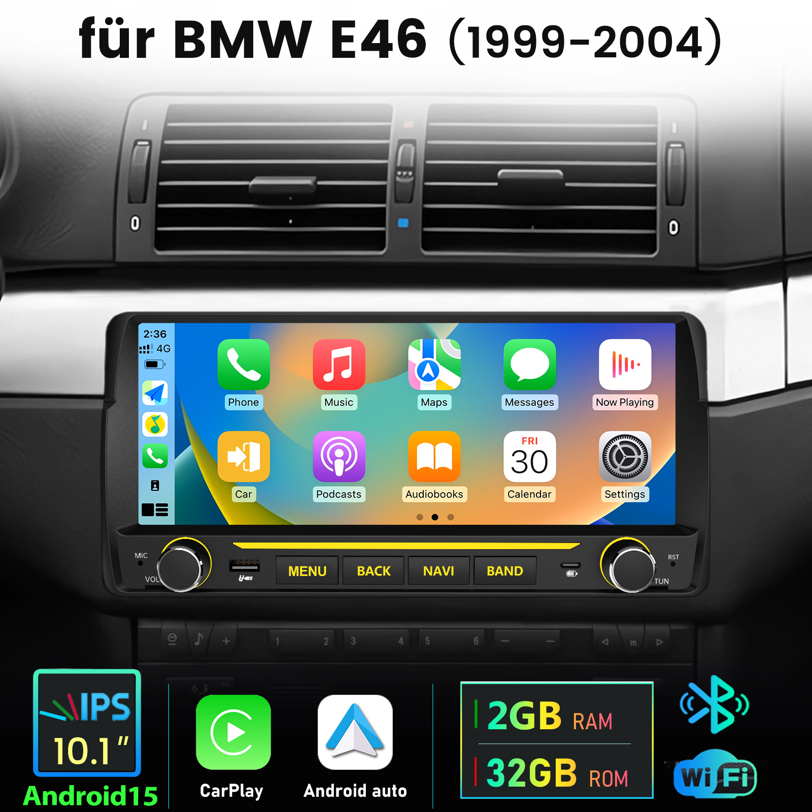 Ein Android Auto-Infotainment-System ist in das Armaturenbrett eines BMW E46 eingebaut.