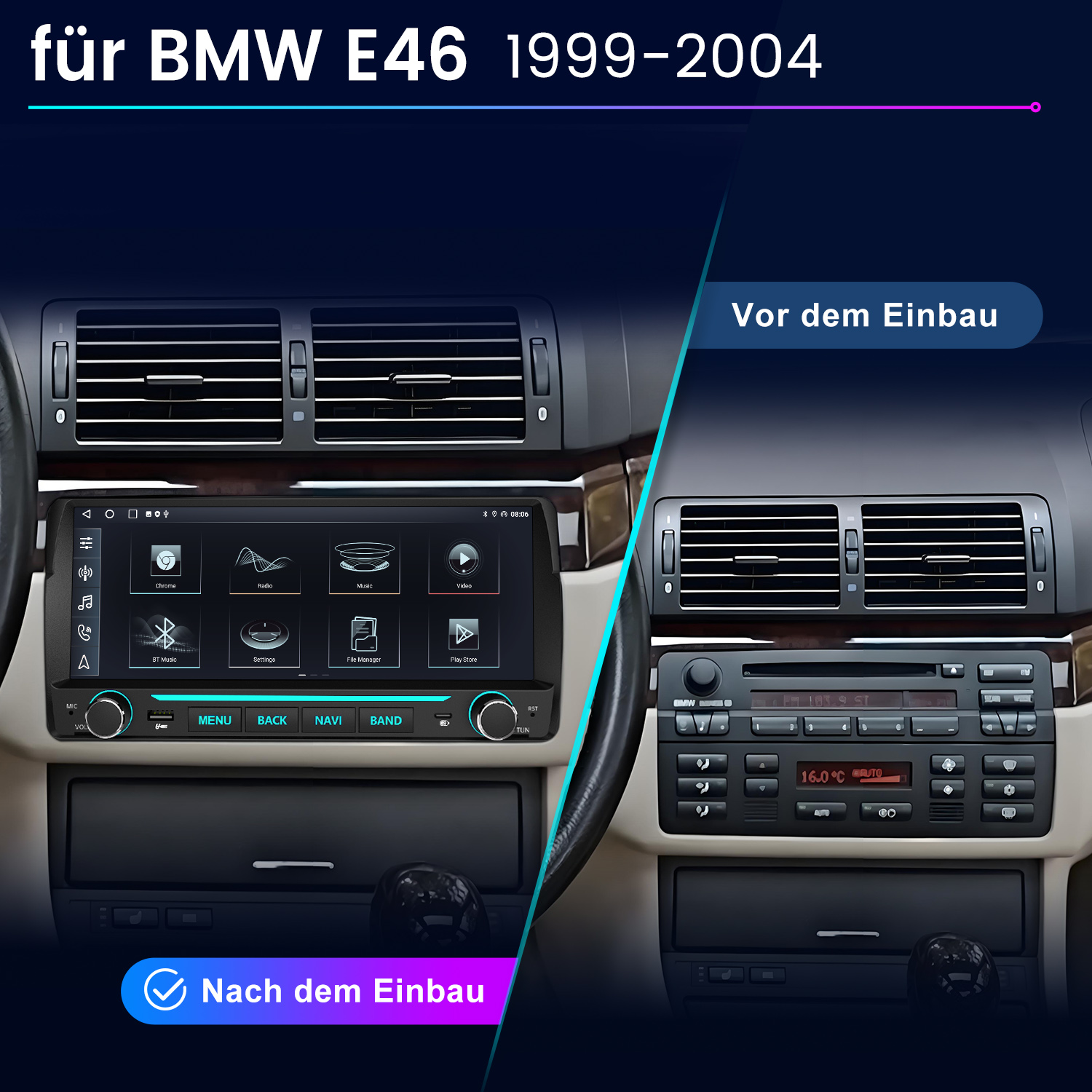 Vergleich BMW E46 Armaturenbrett vor und nach dem Einbau eines modernen Multimediaschirms.