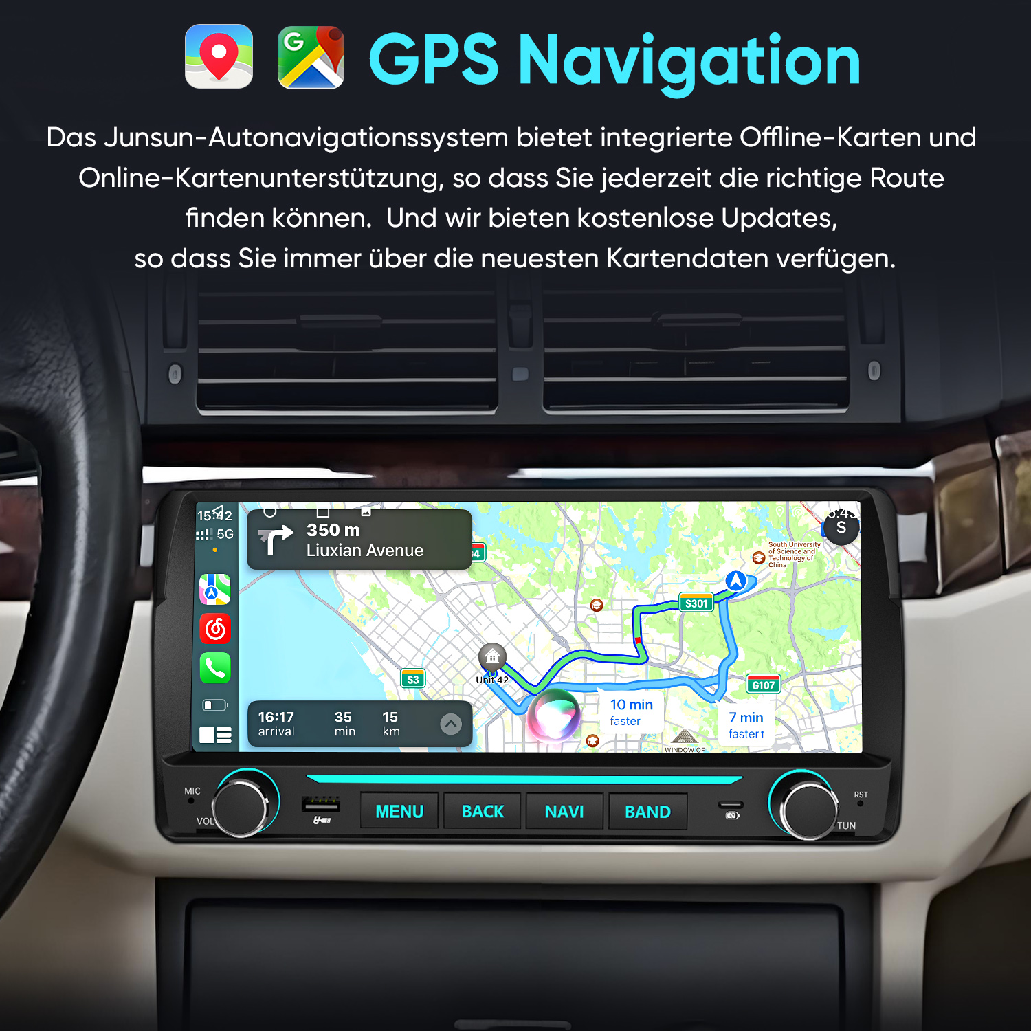 GPS-Navigationssystem in einem Auto, das eine aktive Routenkarte auf dem Bildschirm zeigt.