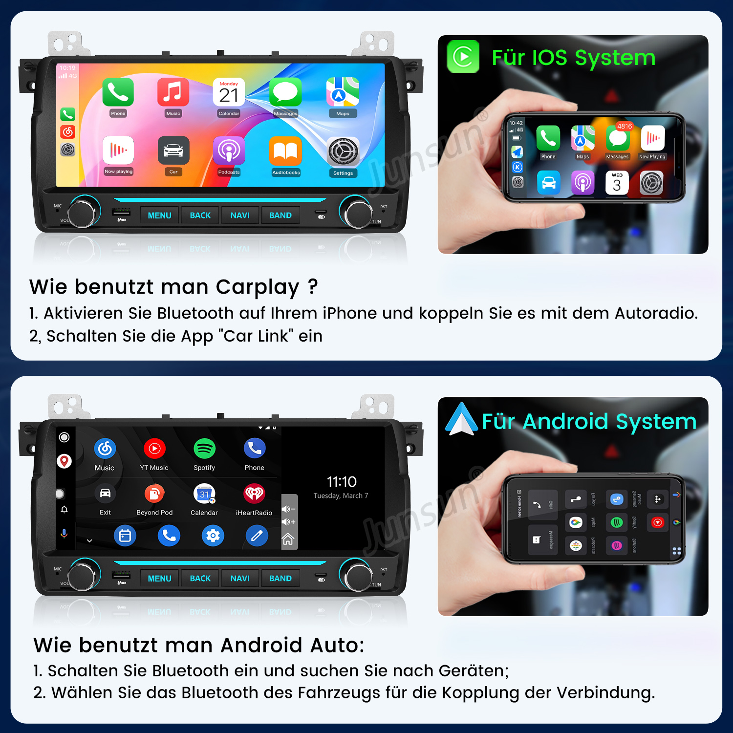 Anleitungen zur Nutzung von Carplay und Android Auto auf einem Auto-Multimedia-Bildschirm mit Smartphone-Verbindung.
