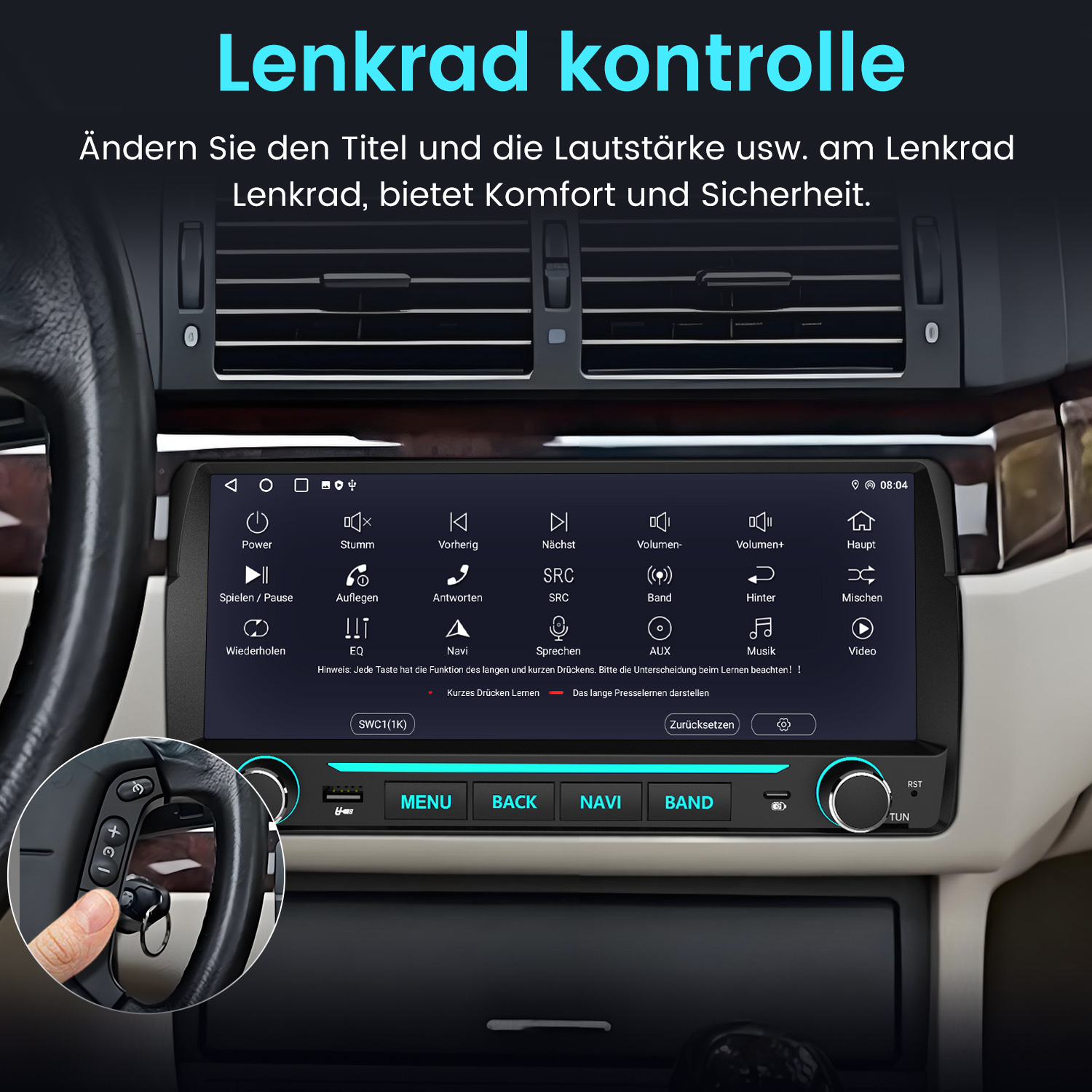 Autobrett mit Multimediadisplay und Touch-Tasten sowie eine eingefügte Ansicht der Lenkradsteuerung.
