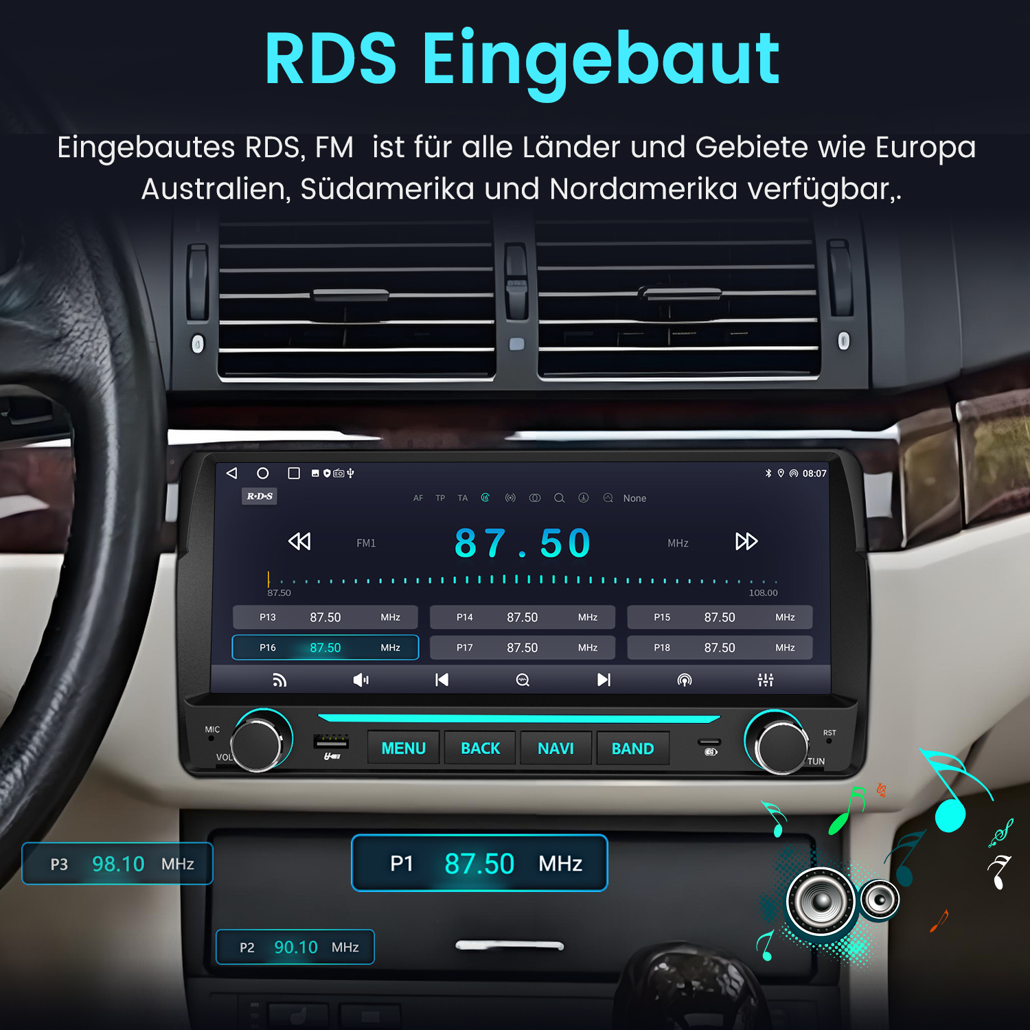 Ein Car-Radio mit Touchscreen und RDS-Funktion im Armaturenbrett eines Autos eingebaut.