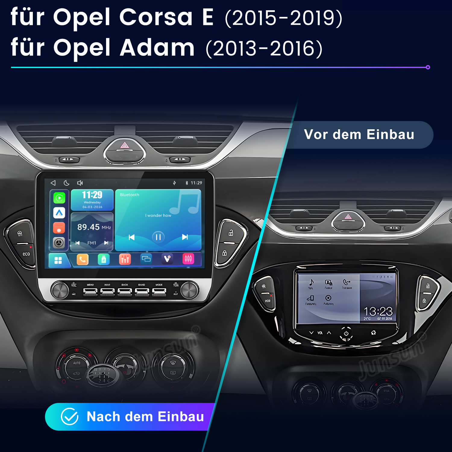 Vergleich des Opel-Armaturenbretts vor und nach der Installation eines modernen Touchscreen-Infotainmentsystems.
