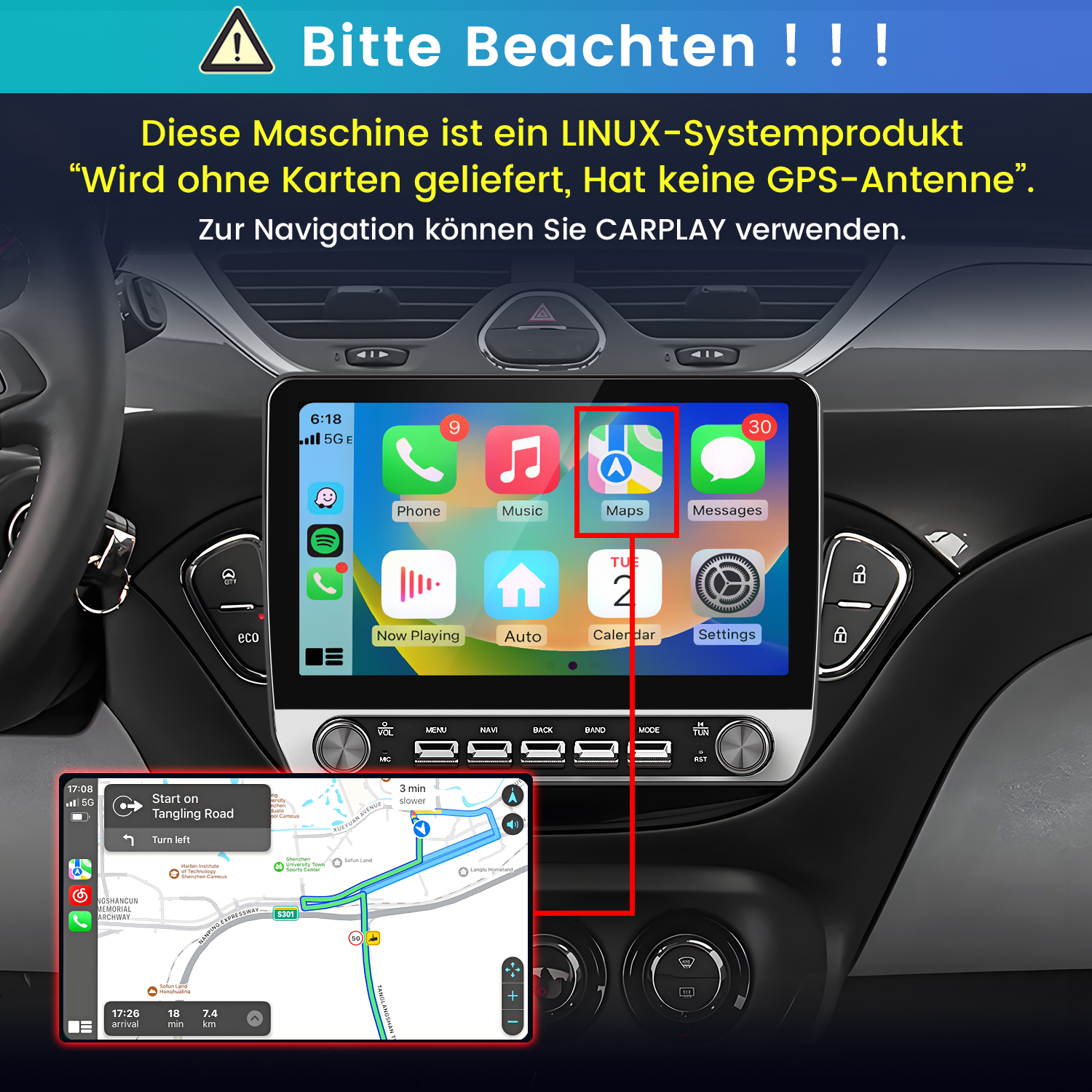 Linux-Autoradio mit Apple CarPlay und Navigation, ohne integrierte GPS-Antenne.