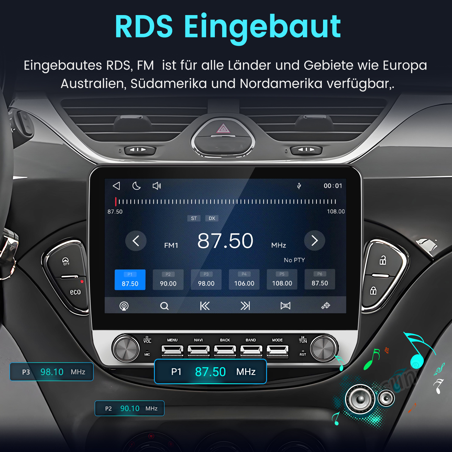 Autoradio mit Touchscreen und FM-Radio-Interface im Armaturenbrett eines Autos.