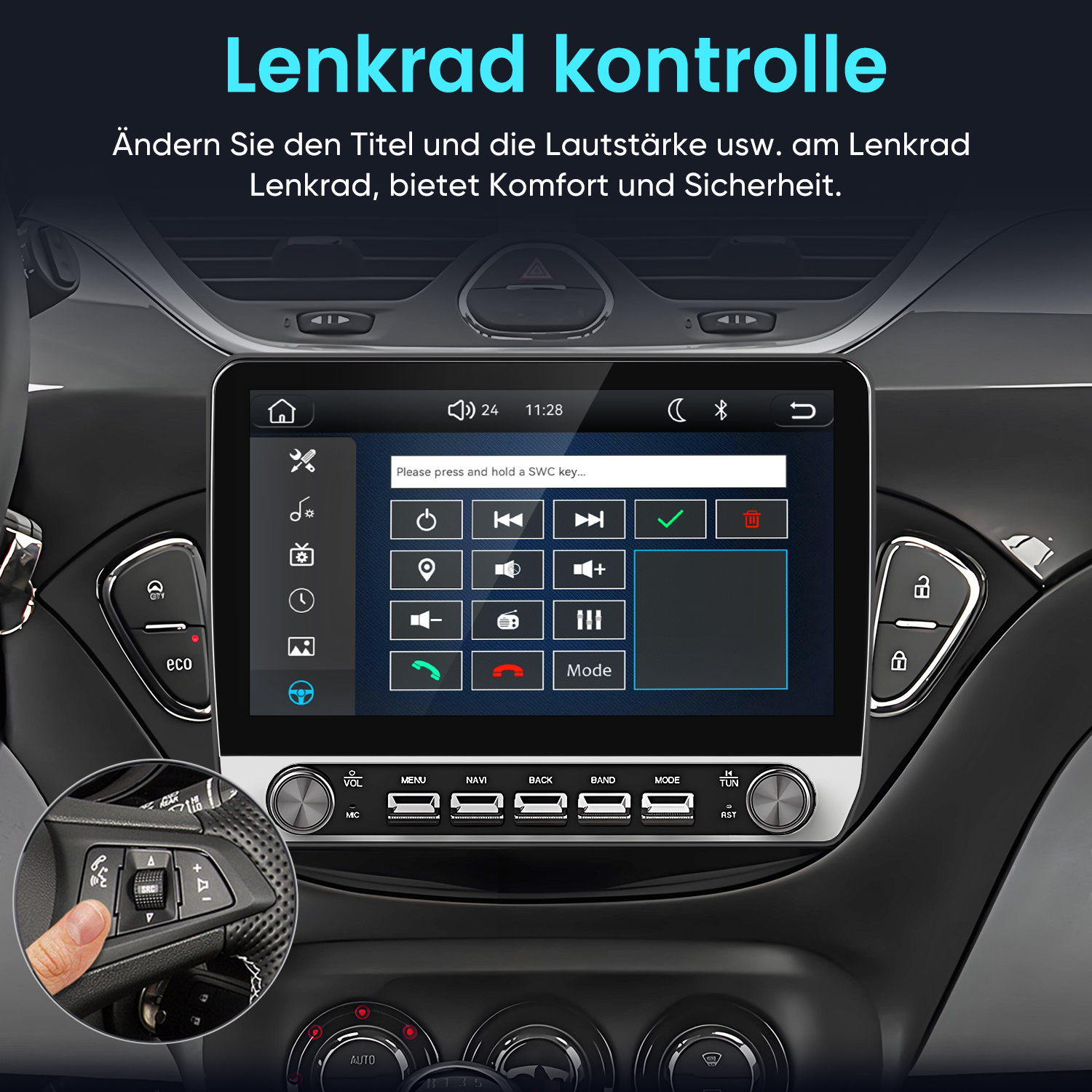 Ein Car-Audio-Bildschirm zeigt Lenkrad-Steuerungseinstellungen, mit einem Insert, das eine Hand am Lenkrad zeigt.