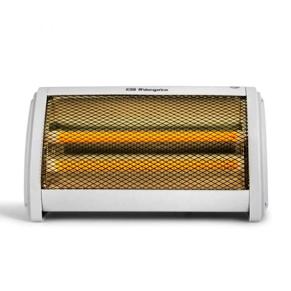 Un calefactor eléctrico blanco con dos tubos naranjas brillantes detrás de una rejilla protectora negra.