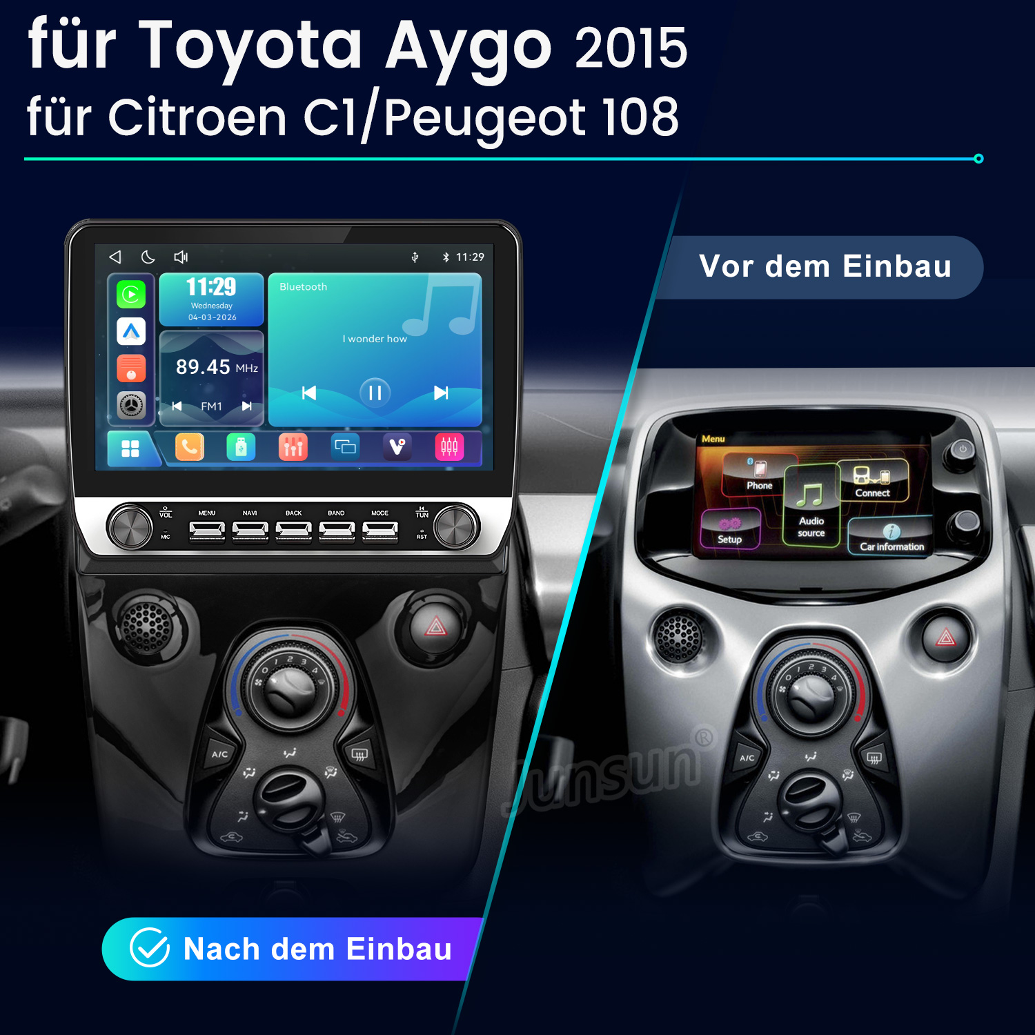 Vergleich eines Auto-Armaturenbretts vor und nach dem Einbau eines modernen Touchscreen-Infotainmentsystems.