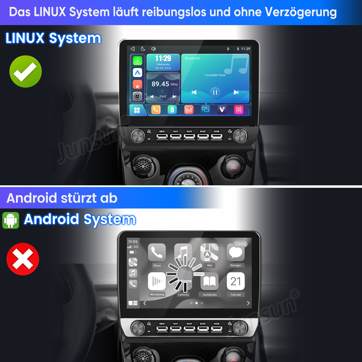 Vergleich des reibungslos funktionierenden Linux-Autoradios mit dem abstürzenden Android-System.