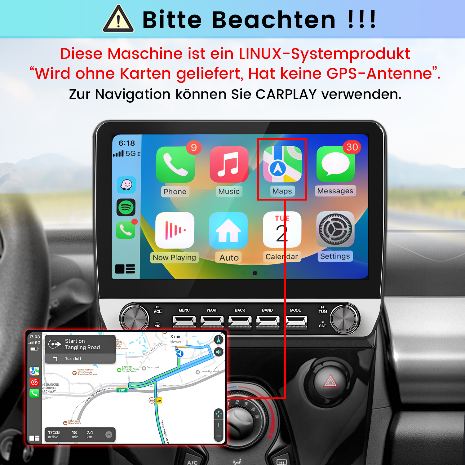 Linux-Autoradio-Display mit Apple CarPlay, das die Karten-App und Navigation anzeigt.
