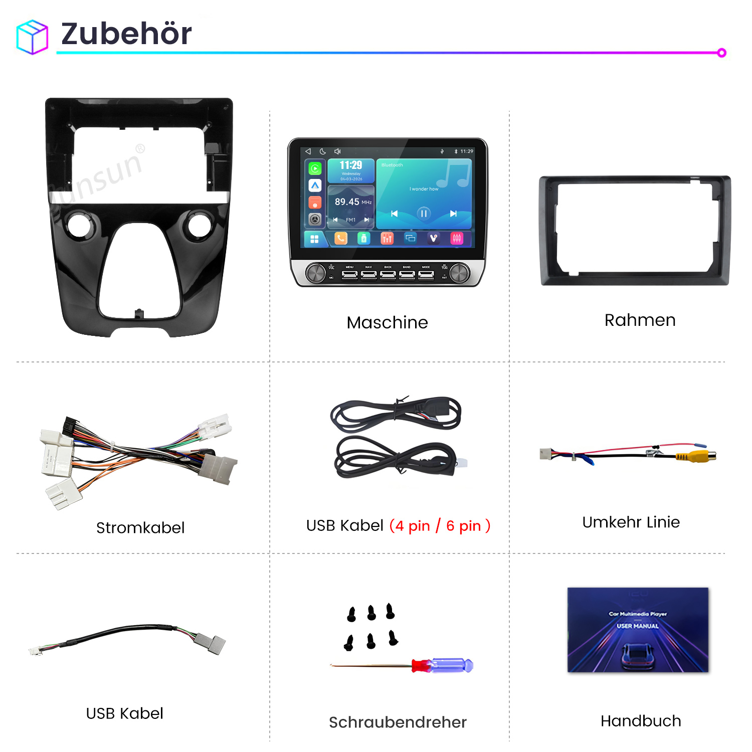Autozubehör-Teile wie Armaturenbrettblende, Touchscreen-Stereo, Kabel, USB-Kabel und Handbuch.