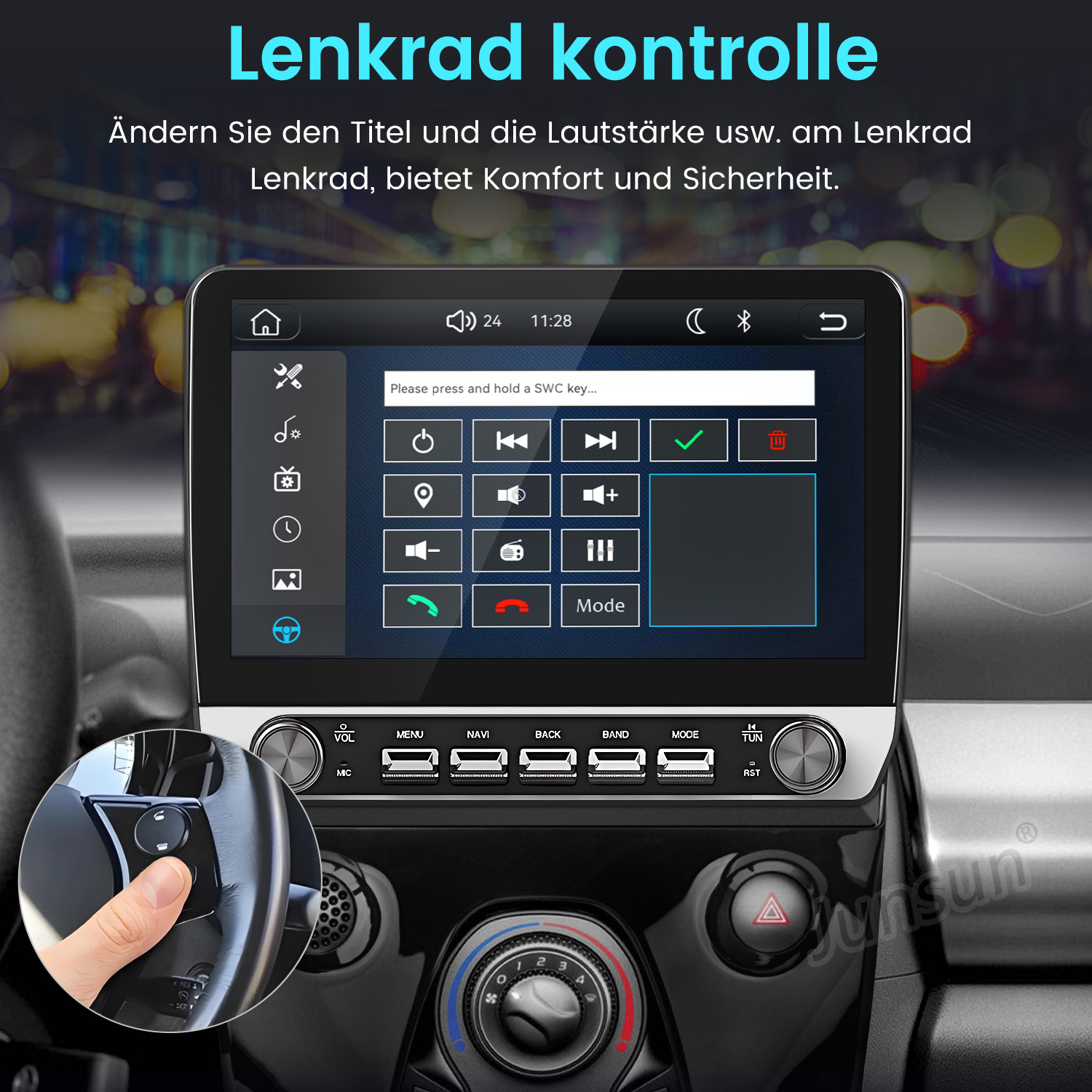 Lenkradsteuerung auf Auto-Display mit Tasten und Inlay, das die Bedienung am Lenkrad zeigt.
