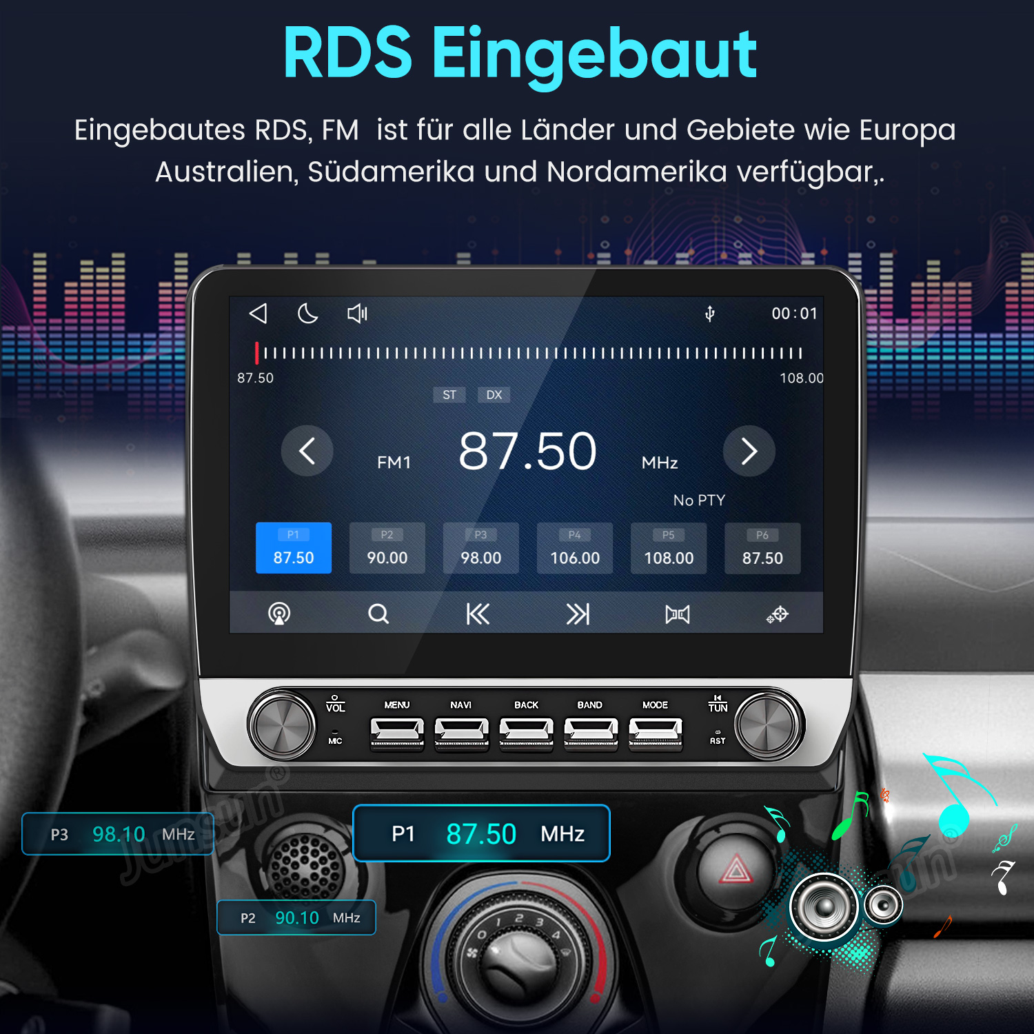 Ein Autoradio-Bildschirm zeigt eine FM-Radioschnittstelle mit 87.50 MHz, Stationstasten und Reglern.