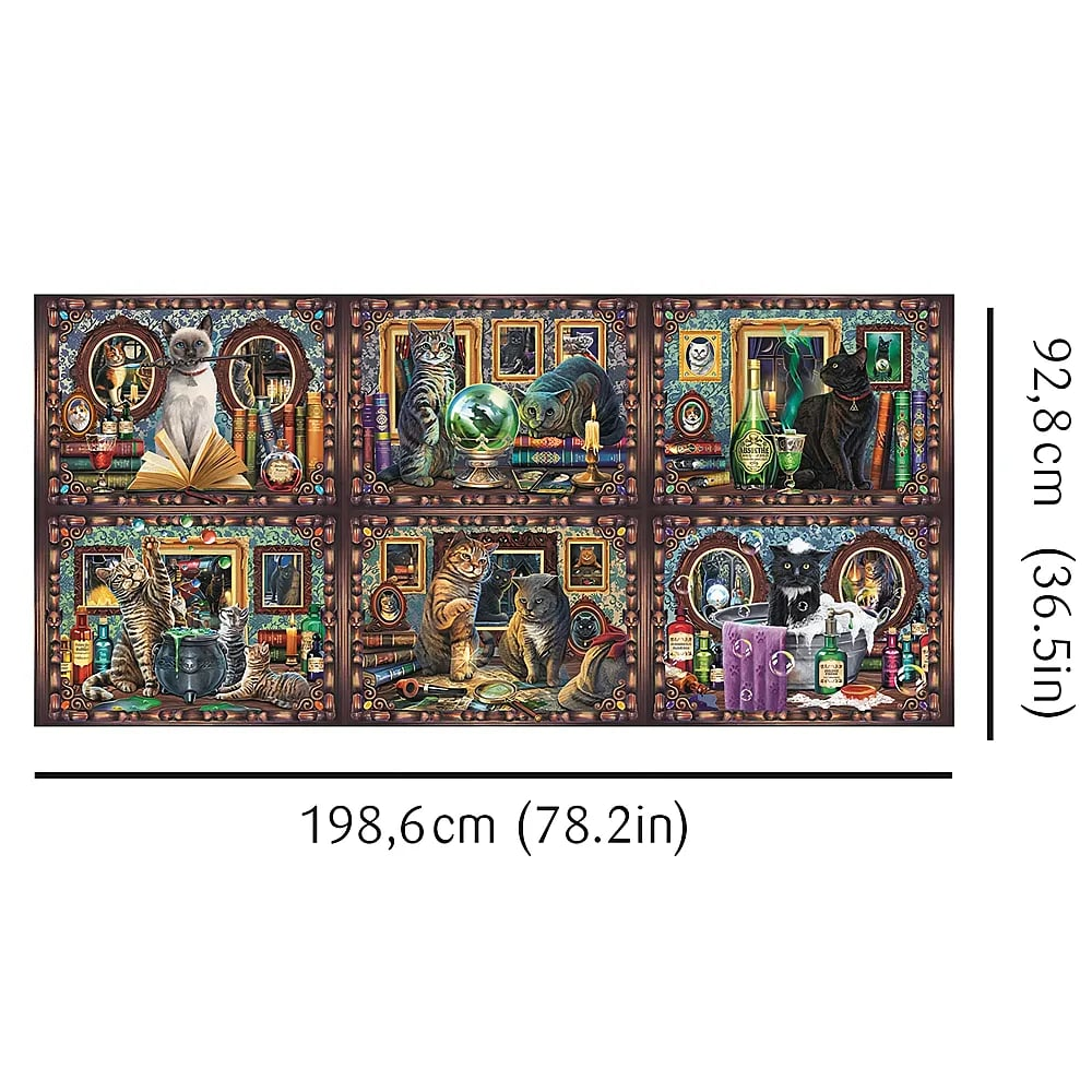 Ein großes Puzzle mit sechs Paneelen zeigt fantasievolle Katzen in magischen Räumen mit Büchern und Tränken.