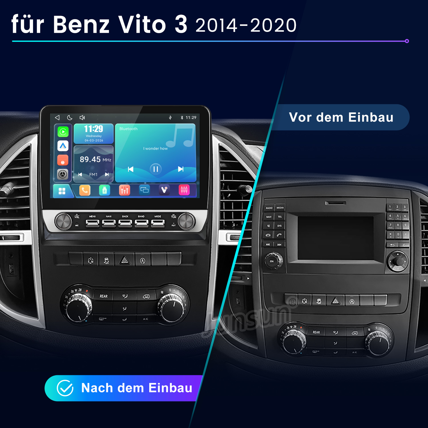 Vergleich von Mercedes Vito Armaturenbrett vor und nach dem Einbau eines neuen Navigationssystems.