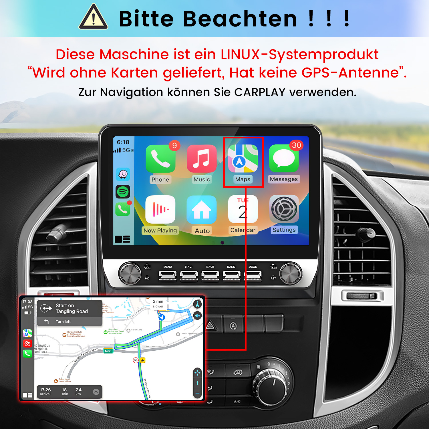 Linux-Autoradio mit CarPlay-Navigation und rotem Warntext.