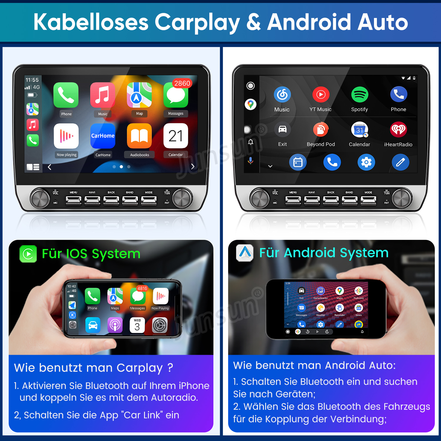 Ein Autoradio mit drahtlosem Carplay und Android Auto sowie Installationsanweisungen.
