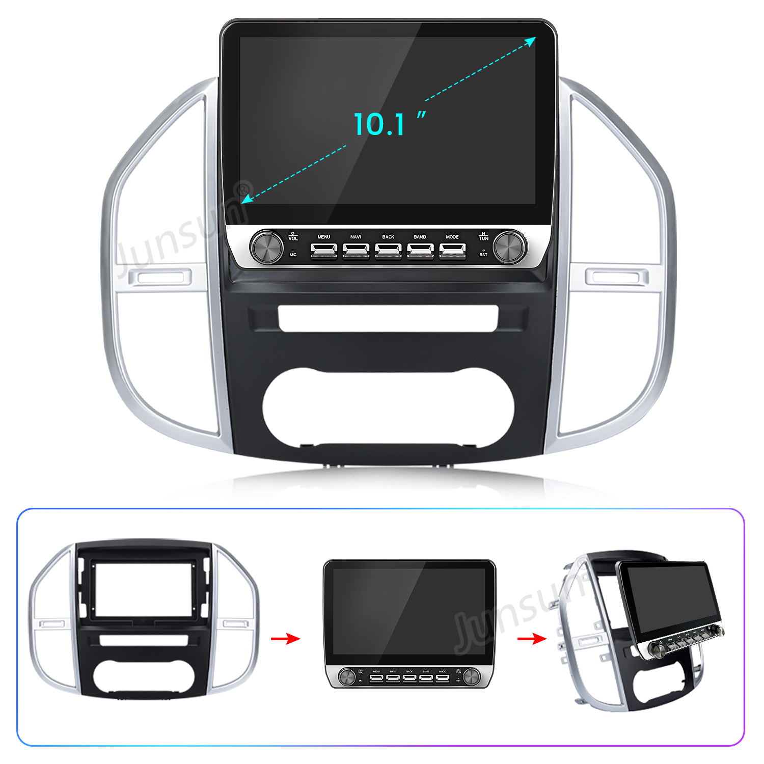 10,1-Zoll-Autoradio-Display mit schwarzem Rahmen und silbernen Lüftungsrahmen, unten zeigt es Einbauschritte.