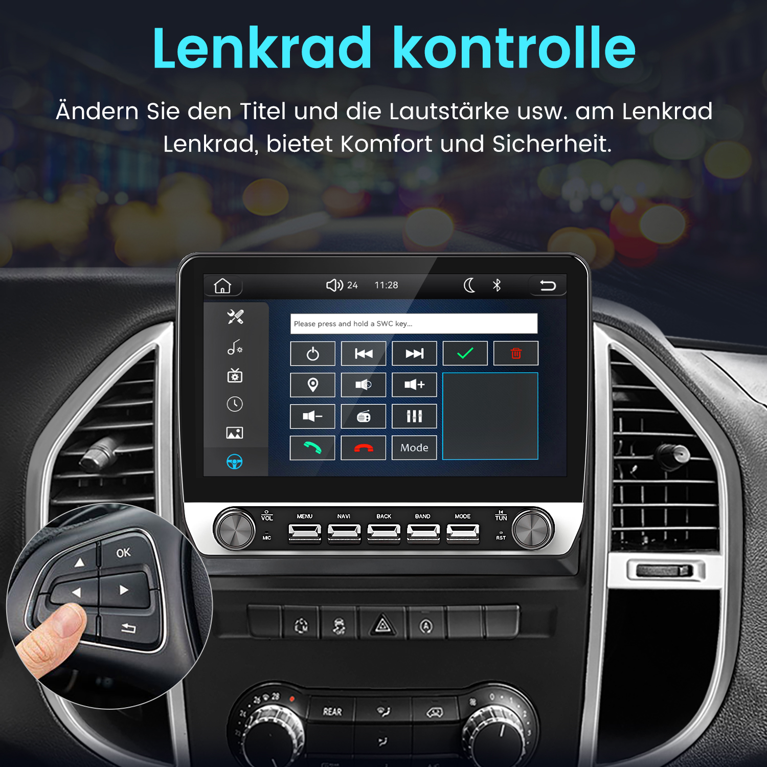 Autobildschirm und Lenkradtasten für Steuerung.
