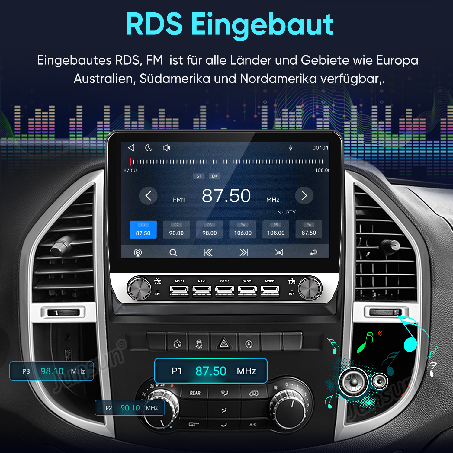 Ein Autoradio-Armaturenbrett zeigt auf dem Bildschirm eine UKW-Frequenz von 87,50 MHz an.