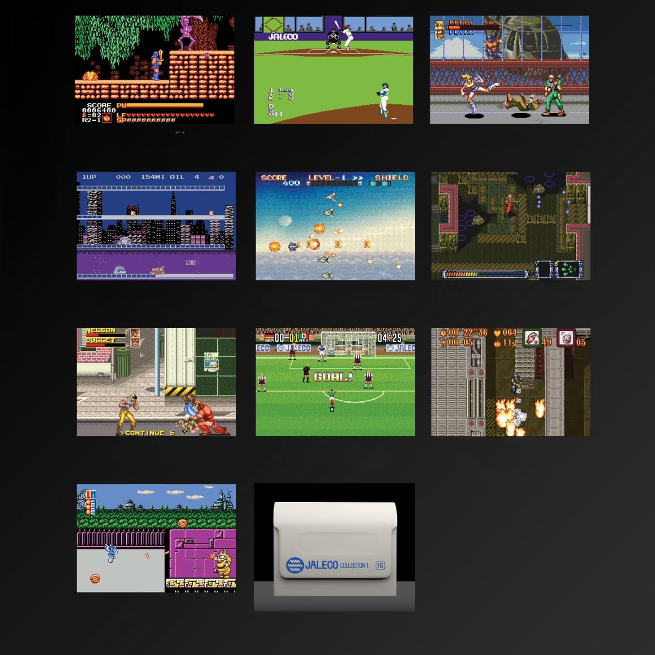 Kompilacja retro gier wideo 8-bitowych i 16-bitowych o różnych gatunkach, takich jak akcja, sport i strzelanie.