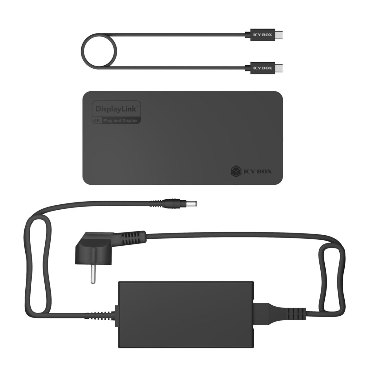 Eine schwarze Icy Box Dockingstation mit DisplayLink, zwei Kabeln und einem Netzteil auf weißem Hintergrund.