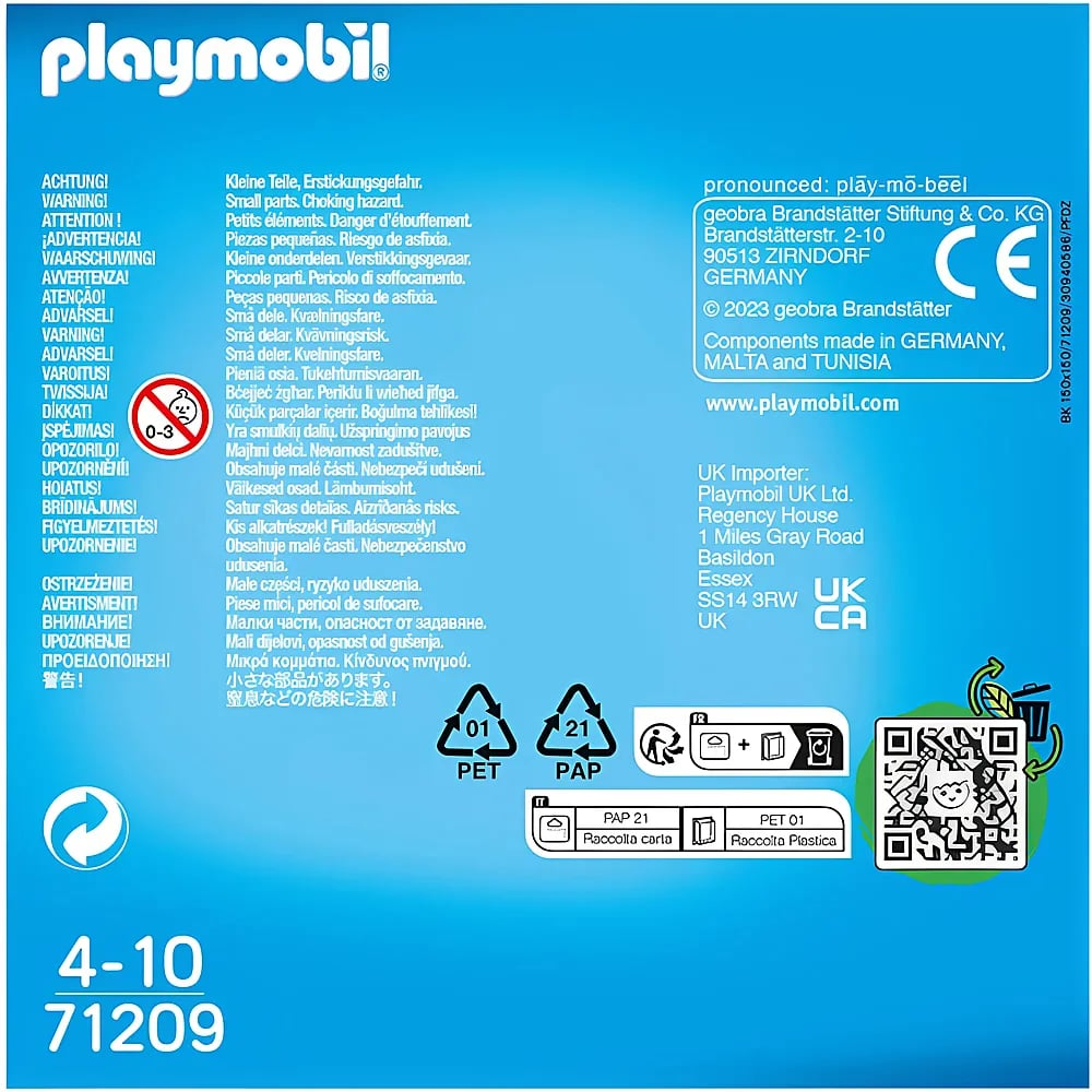 Blaues Playmobil-Verpackungsetikett mit Warnhinweisen, Altersempfehlung 4-10 und QR-Code.